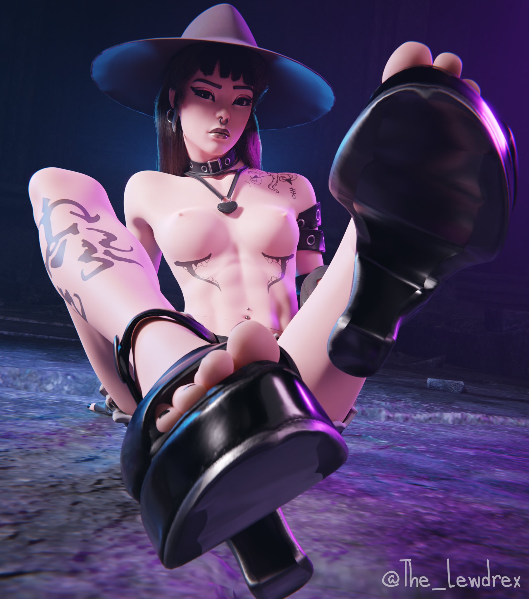 1girls, 3d, areolae, blender, bottomwear, breasts, clothed, clothing, ear piercing, earrings, epic games, feet, female, female focus, female only, foot fetish, foot focus, fortnite, goth, goth girl, hat, headwear, jean shorts, jeans, lewdrex, light skin, light-skinned female, looking at viewer, makeup, medium breasts, necklace, nipples, nose piercing, on floor, phaedra (fortnite), piercing, piercings, shoes, shorts, sitting, small breasts, solo, solo female, solo focus, tattoo, tattoos, topless, watermark