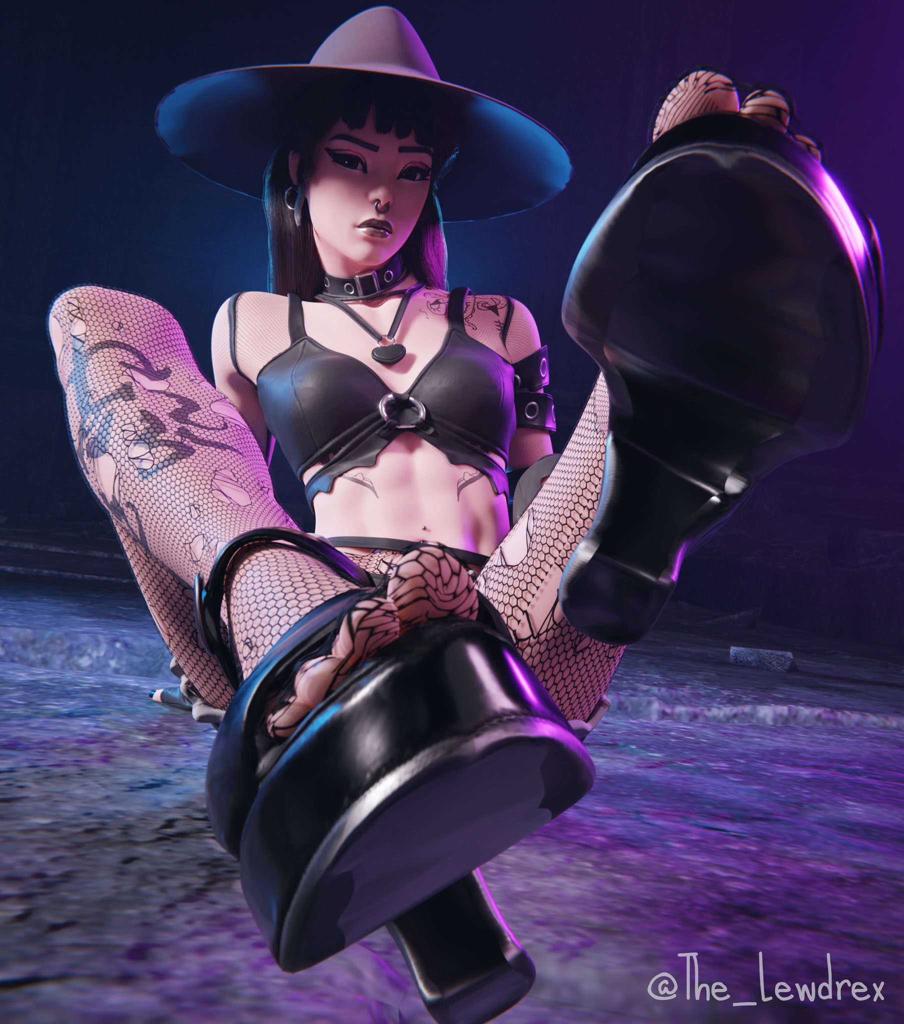 1girls, 3d, areolae, blender, bottomwear, breasts, clothed, clothing, ear piercing, earrings, epic games, feet, female, female focus, female only, fishnet, fishnet legwear, fishnet stockings, fishnets, foot fetish, foot focus, fortnite, goth, goth girl, hat, headwear, jean shorts, jeans, legwear, lewdrex, light skin, light-skinned female, looking at viewer, makeup, medium breasts, necklace, nipples, nose piercing, on floor, phaedra (fortnite), piercing, piercings, shorts, sitting, small breasts, solo, solo female, solo focus, tattoo, tattoos, topless, watermark