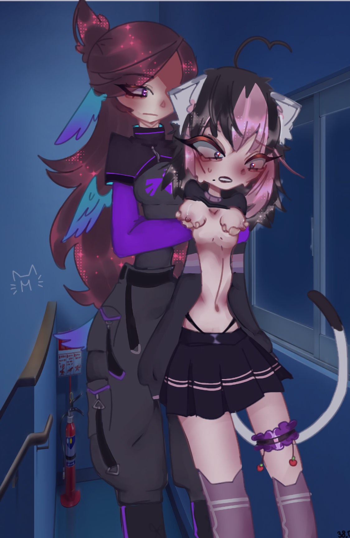 2girls, black hair, breast grab, breasts, brown hair, cat ears, cat girl, cat tail, cat thighighs, catgirl, clothed female, dream smp, dsmp, exposed midriff, female, female only, jaiden, jaiden (vtuber), jaiden animations, jaidenanimations, long hair, mcyt, midriff, mikushe, minecraft, minecraft youtubers, multiple females, multiple girls, nihachu, pink hair, qsmp, short hair, skirt, tagme, thighhighs, thong straps, twitch, twitch streamer, twitch.tv, twitter, twitter username, two-tone hair, virtual youtuber, youtube, youtuber, youtubers, yuri