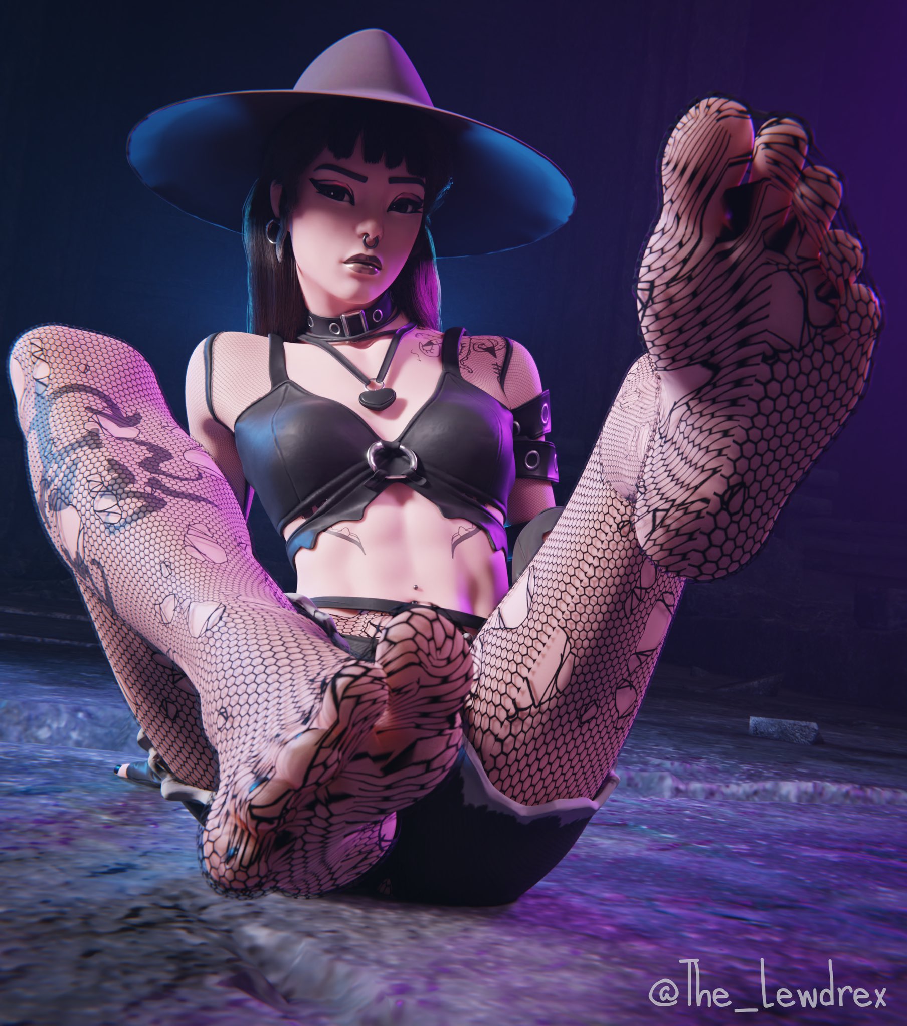 1girls, 3d, areolae, blender, bottomwear, breasts, clothed, clothing, ear piercing, earrings, epic games, feet, female, female focus, female only, fishnet, fishnet legwear, fishnet stockings, fishnets, foot fetish, foot focus, fortnite, goth, goth girl, hat, headwear, jean shorts, jeans, legwear, lewdrex, light skin, light-skinned female, looking at viewer, makeup, medium breasts, necklace, nipples, nose piercing, on floor, phaedra (fortnite), piercing, piercings, shorts, sitting, small breasts, solo, solo female, solo focus, tattoo, tattoos, topless, watermark
