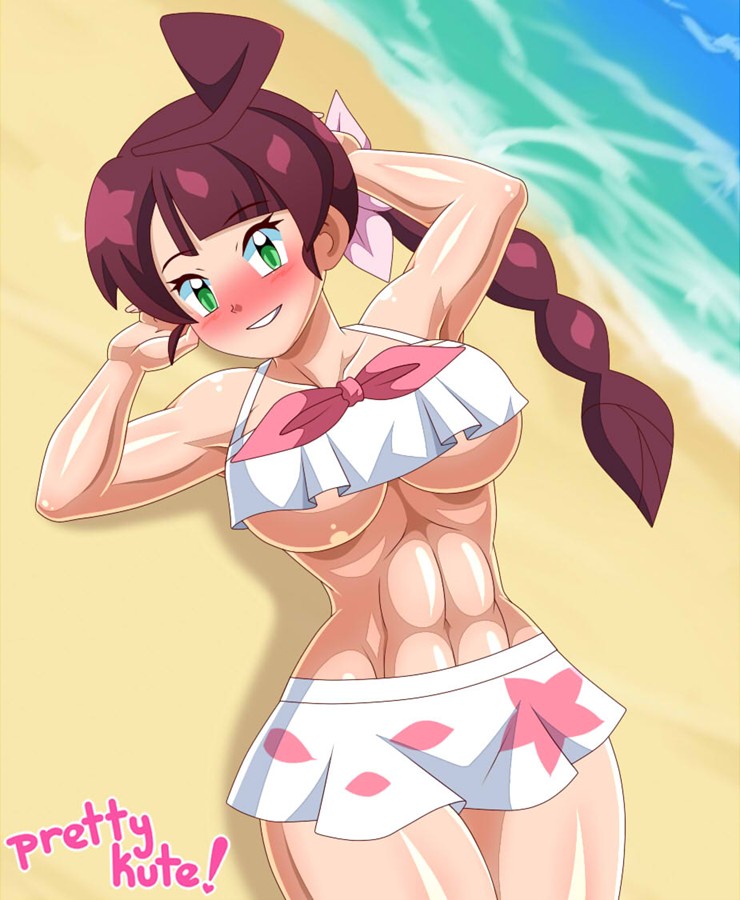 1girls abs artist_name beach big_breasts bikini blush breasts chloe_(pokemon) female female_only game_freak green_hair hourglass_figure looking_at_viewer muscles muscular_female nintendo pk-studios pokemon pokemon_(anime) pokemon_journeys red_hair solo solo_female thick_thighs underboob