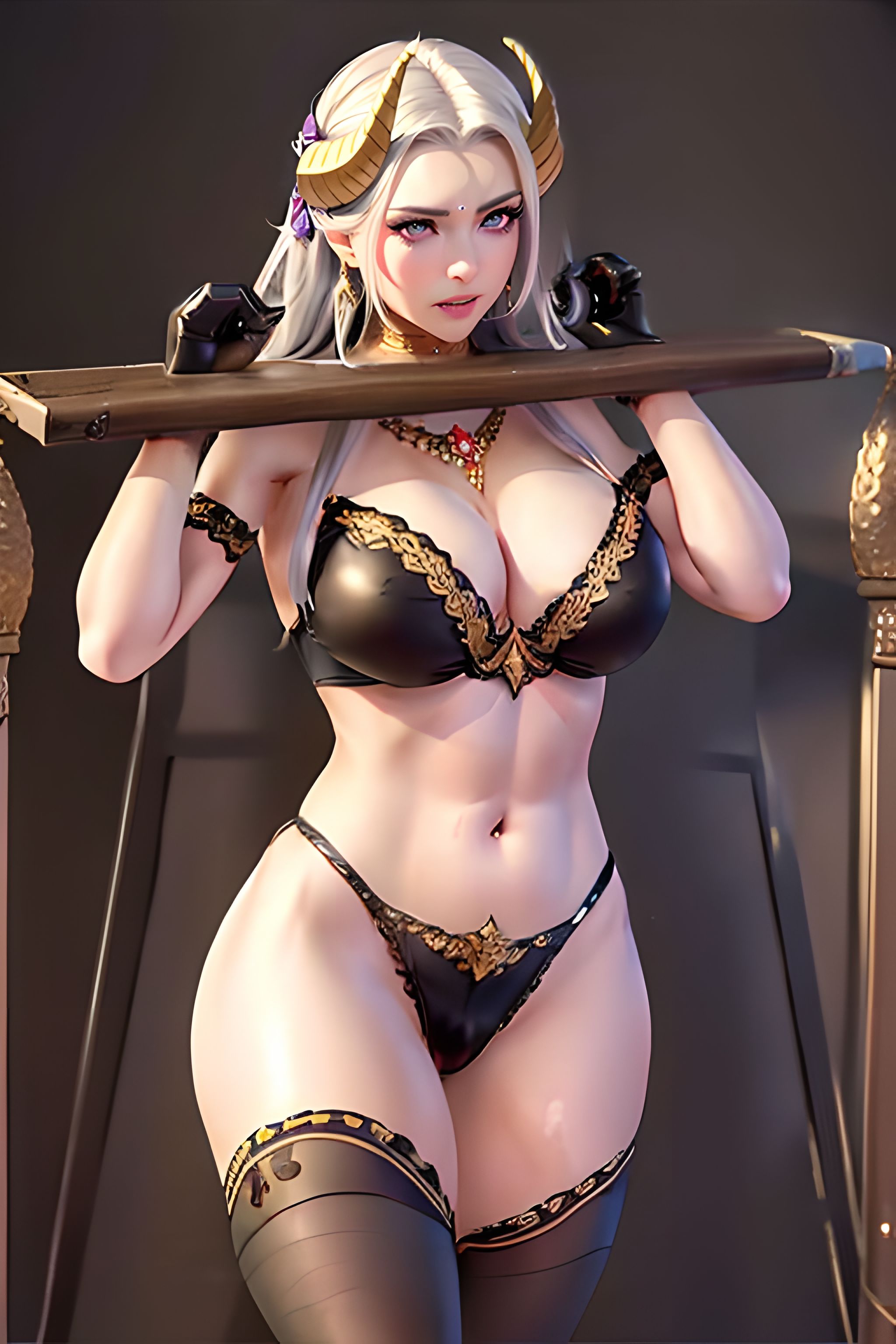 1girls, 2023, abs, absurd res, ai generated, ai hands, black lingerie, bondage, bra, dankmasterai, edelgard von hresvelg, female, femsub, fire emblem, fire emblem: three houses, horns, lingerie, navel, nintendo, pillory, post-timeskip, restrained, stable diffusion, stocks, stomach, thong, tight clothing, white hair