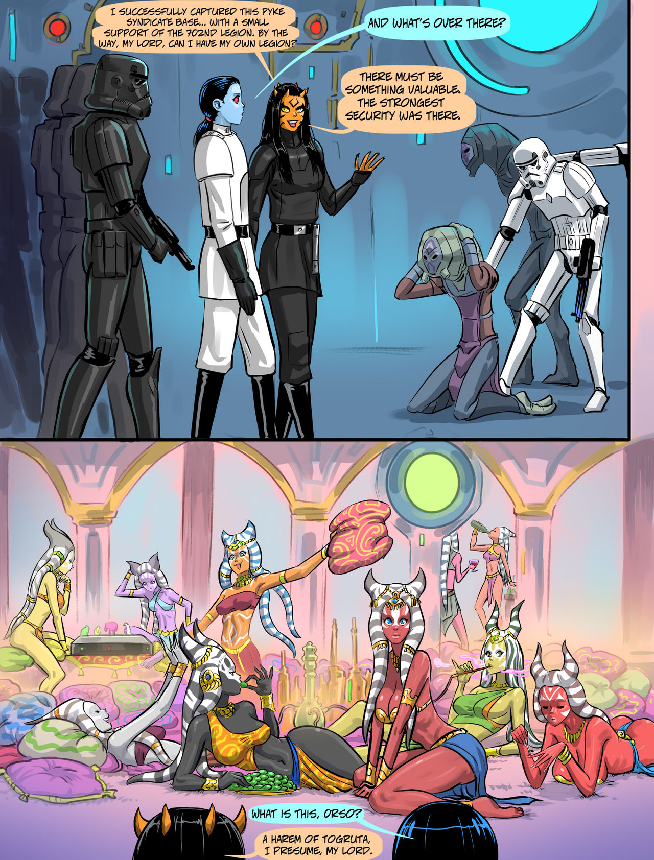 alien, alien girl, amber eyes, belly dancer, belly dancer outfit, black hair, black skin, blaster (star wars), blue skin, bocas top, chiss, cleavage, dejarik, femsub, flick, grey skin, happy sub, harem, harem girl, harem outfit, hookah, horn, horns, huge breasts, imperial officer (star wars), large breasts, loincloth, medium breasts, military uniform, multiple girls, orange skin, pillow, pillow fight, playing, purple skin, red eyes, red skin, slave, slave bikini, slave collar, slave girl, slave leia (cosplay), slave outfit, soldier, speech bubble, star wars, stormtrooper, submissive female, togruta, tubetop, uniform, voluptuous, yellow skin, zabrak