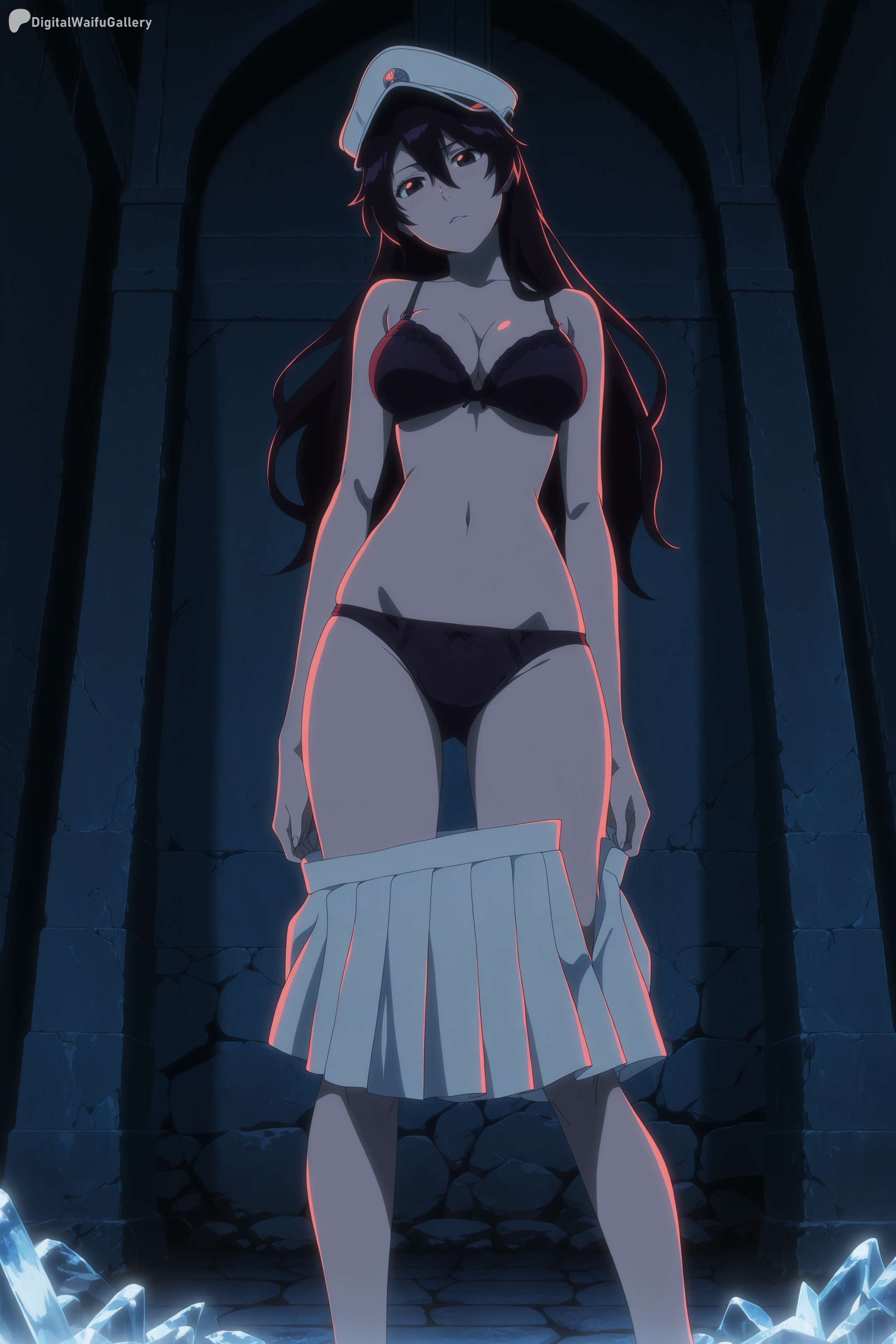 1girl, ai generated, bambietta basterbine, black bra, black hair, black panties, bleach, bra, breasts, cleavage, closed mouth, clothes pull, digitalwaifugallery, frown, hair between eyes, hat, head tilt, hi res, high quality, high resolution, indoors, large breasts, long hair, looking at viewer, military hat, navel, panties, patreon, peaked cap, pleated skirt, red eyes, seductive, sexy, skirt, skirt pull, solo, standing, uncensored, underwear, undressing, watermark, white headwear, white skirt