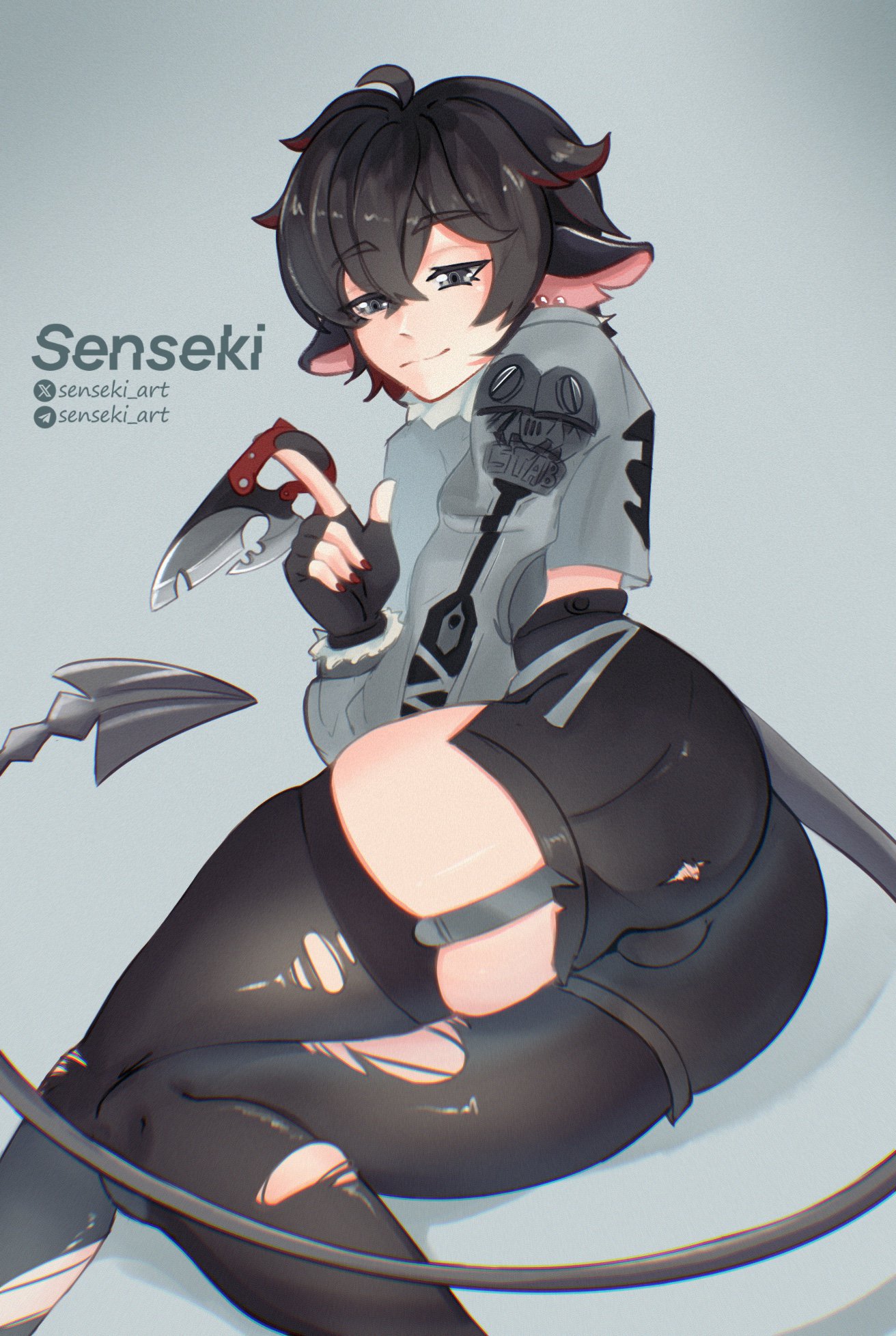 1boy, 2026, ass, femboy, jane doe (zenless zone zero), john doe (zenless zone zero) (scopeophilia), light skin, light-skinned male, looking at viewer, looking back, male, male only, rule 63, senseki art, thick thighs, thighs, white background, wide hips, zenless zone zero