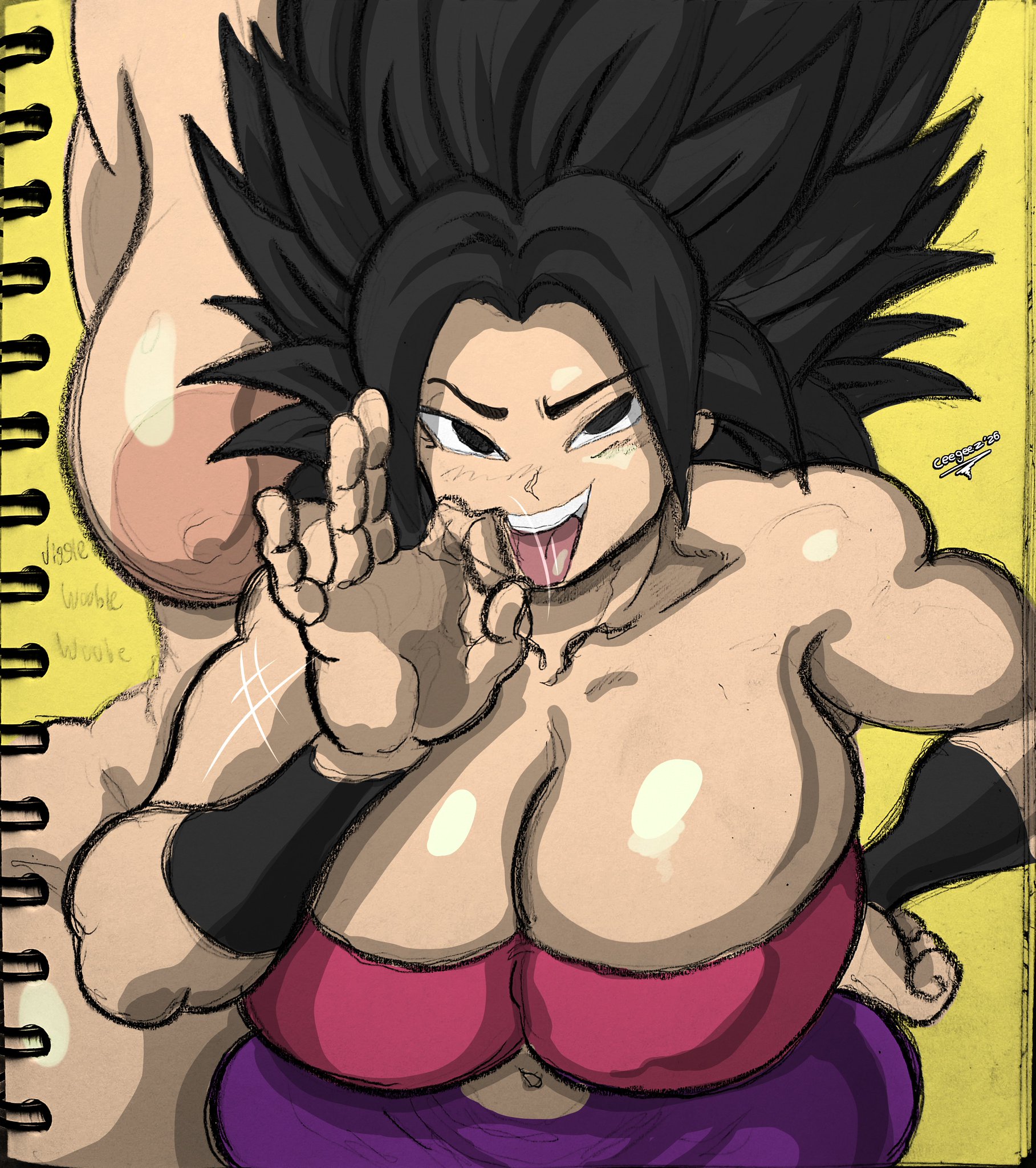 1girls, big boobs, blowjob gesture, caulifla, ceegee, dragon ball, only female, thick thighs