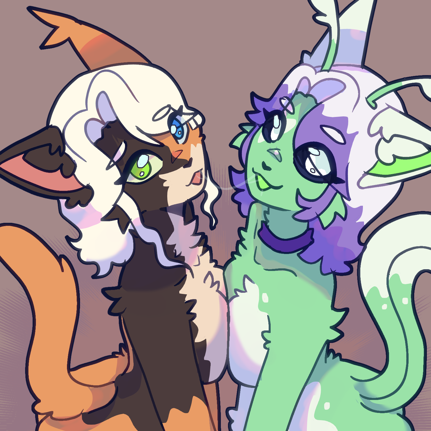 :3, 2d, 2d (artwork), 2girls, alien, animal ears, antennae, breasts, cat, choker, colored sclera, female, female only, fluffy, furry, gnarpies, green fur, heterochromia, highres, kissing, multicolored fur, nude, patreon exclusive, pressed together, saliva, saliva trail, tail, tongue, tongue out, yuri