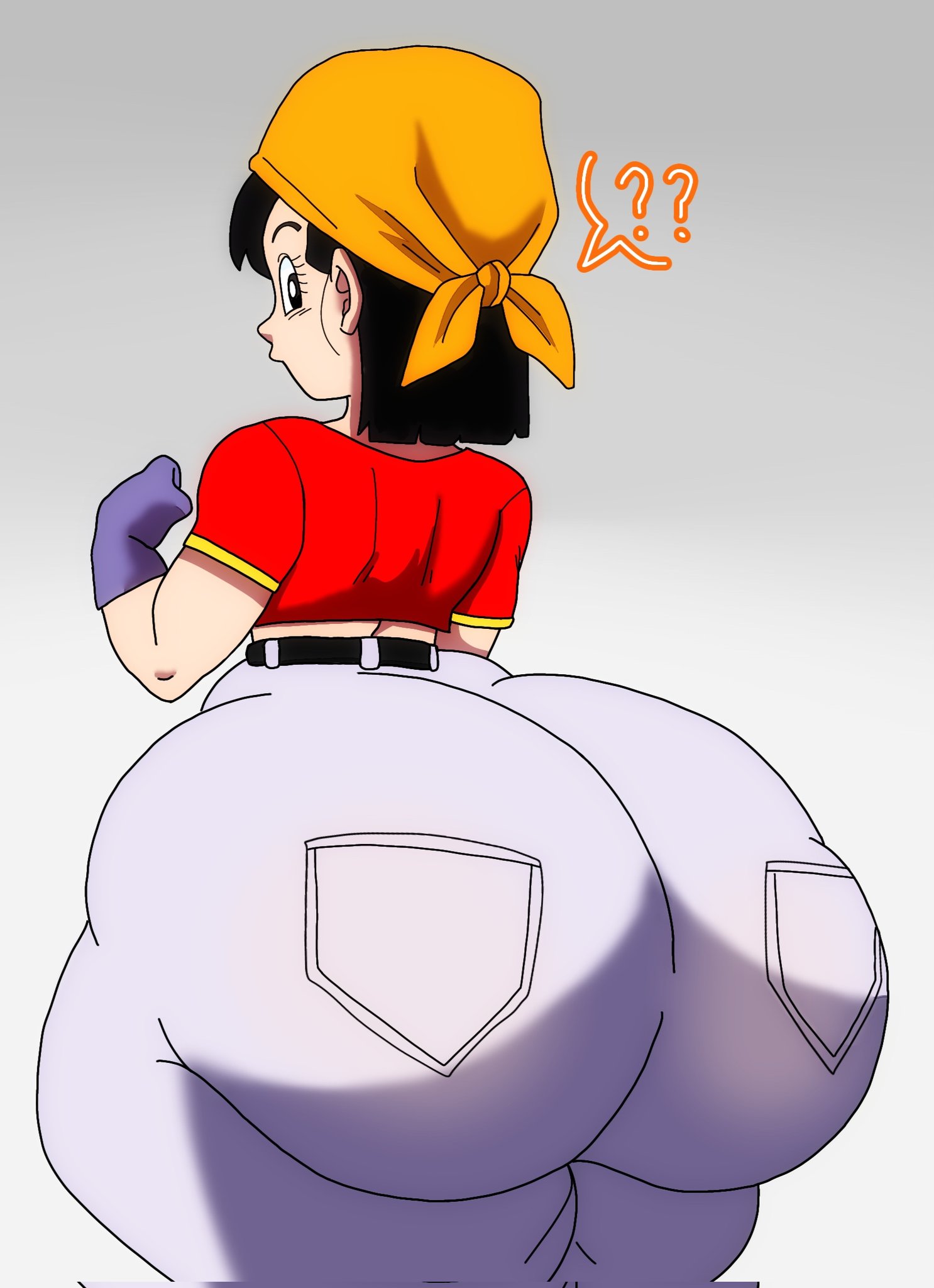 1girls, ass, ass bigger than head, ass focus, back, back view, bandana, big ass, black hair, clothed, dragon ball, dragon ball gt, dumptruck ass, dumptruck butt, edit, fat ass, female, gloves, huge ass, loli, looking back, mageta32, marsedit, pan (dragon ball), tight clothing
