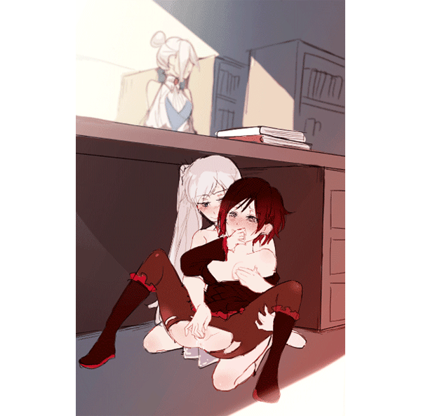 2girls animated_gif breast_grab female female_only fingering hidden_sex hiding pussy_juice red_hair ruby_rose rwby weiss_schnee white_hair winter_schnee yuri