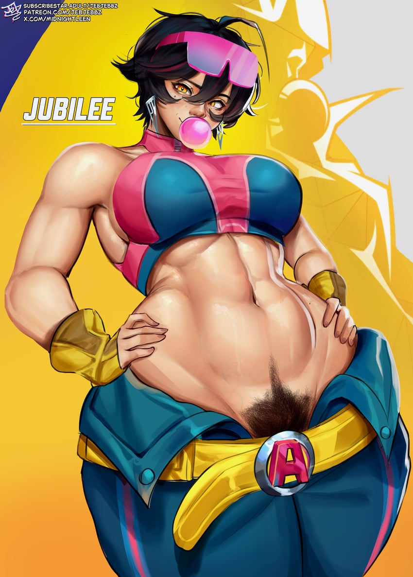 1girls, 2026, 2d, 2d (artwork), 2d artwork, abdomen, abs, asian, asian female, belt, belt buckle, biceps, big breasts, blowing bubble gum, buckle, character name, chewing gum, crop top, excessive pubic hair, eyewear on head, female, female only, female pubic hair, hairy pussy, hand on hip, hand on own hip, hands on hips, hands on own hips, jebjebbz, jubilation lee, jubilee, jubilee (marvel rivals), light skin, light-skinned female, looking at viewer, marvel, marvel comics, marvel rivals, muscular, muscular female, mutant (marvel), navel, no panties, opaque sunglasses, open fly, pink-tinted eyewear, pubic hair, pubic hair peek, pussy, pussy peek, solo, stomach, tinted eyewear, video games, x-men, yellow belt, yellow eyes