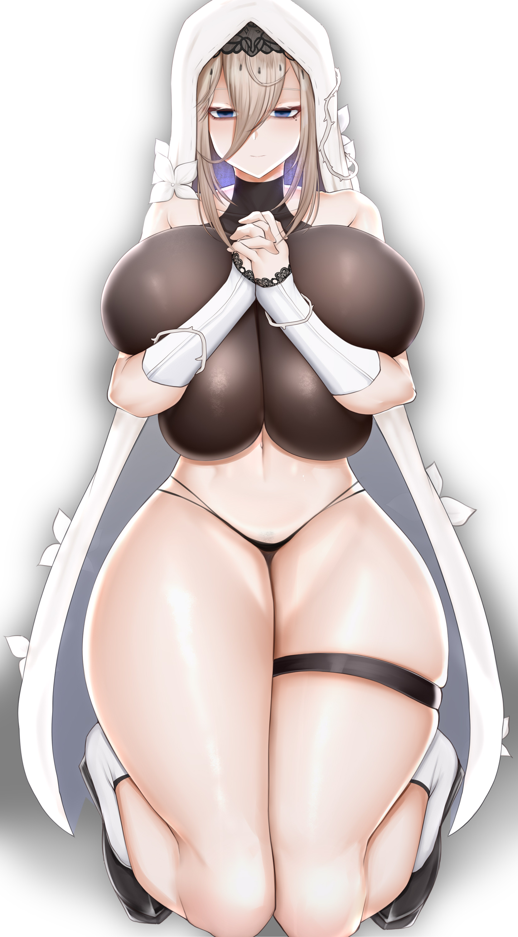 1girls, absurd res, aponia, chomikuplus, full body, honkai (series), honkai impact 3rd, huge breasts, huge thighs, nun, on knees, pale skin, simple background, solo, solo focus, thick thighs, white background