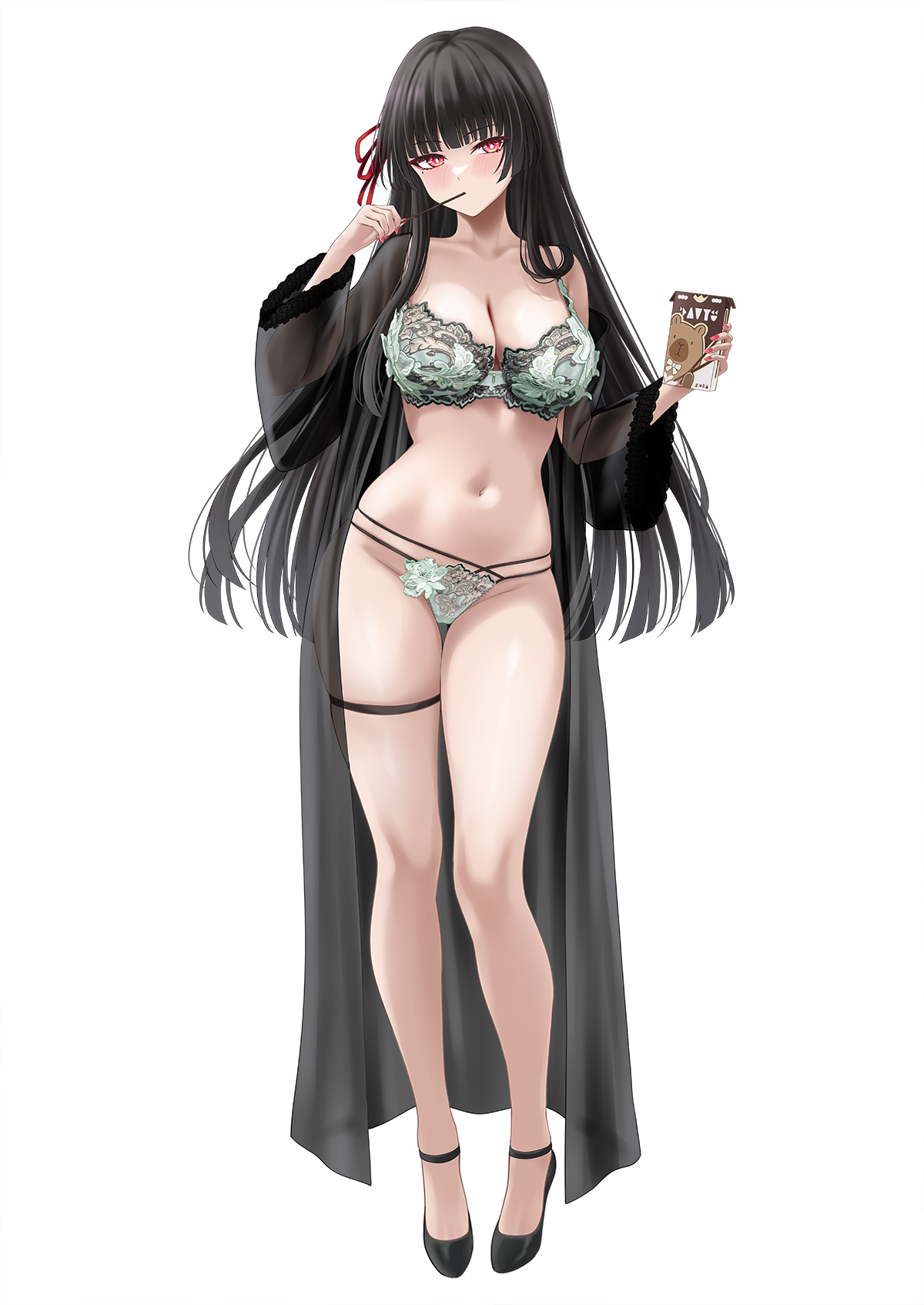 1girls, black hair, breasts, breasts out, chisa (wuthering waves), exposed breasts, female, female only, lingerie, lingerie only, long hair, medium breasts, red eyes, white lingerie, wuthering waves