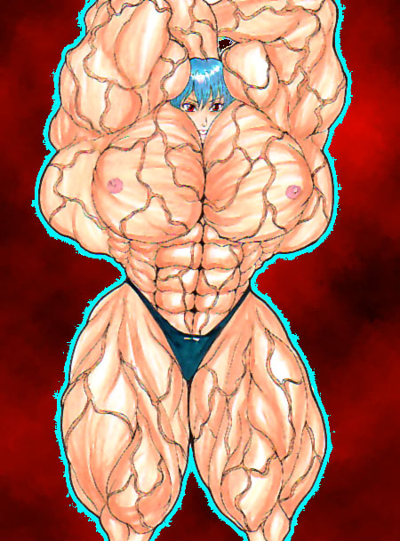 abs biceps chest extreme_muscles female flex hands_behind_back large_breasts muscles muscular muscular_female neon_genesis_evangelion no_bra panties pose red_eyes rei_ayanami smooth_skin solo solo_female thick_thighs topless veins