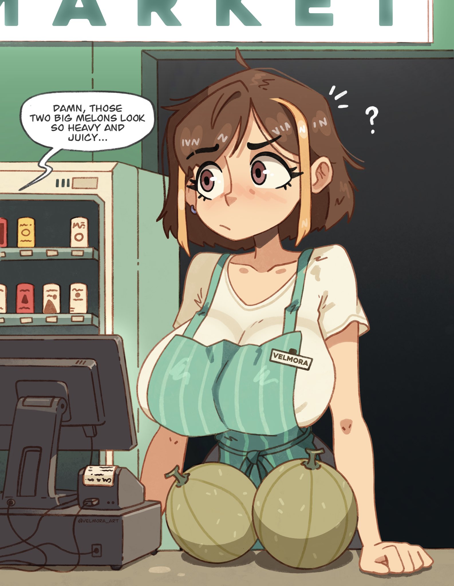 1girls, 2026, big breasts, cashier, huge breasts, melon, original character, solo, solo female, tagme, velmoraart