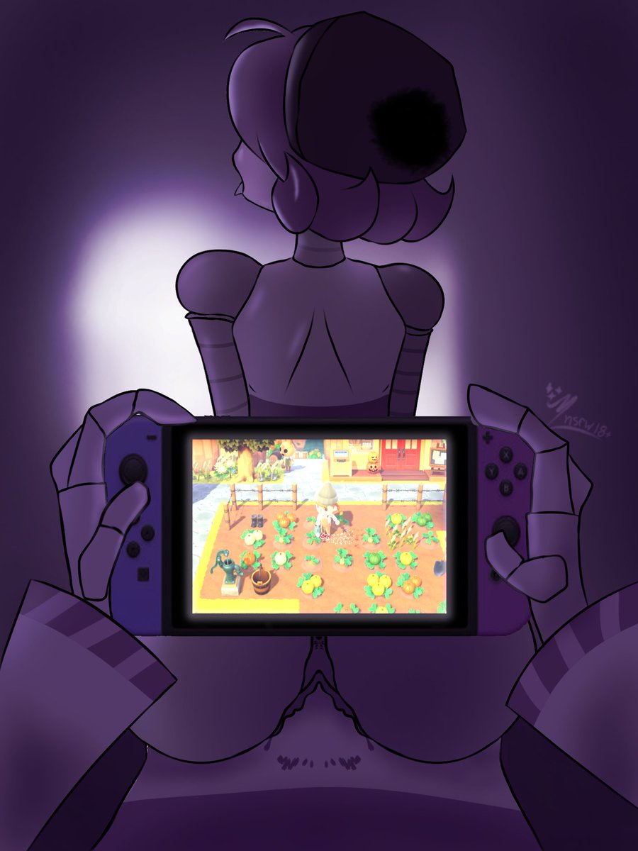 1boy, 1boy1girls, 1girls, bed, bedroom, intercourse, male/female, murder drones, n (murder drones), penetration, penis in ass, penis in pussy, playing videogame, purple hair, sex, straight sex, tounge out, uzi (murder drones)