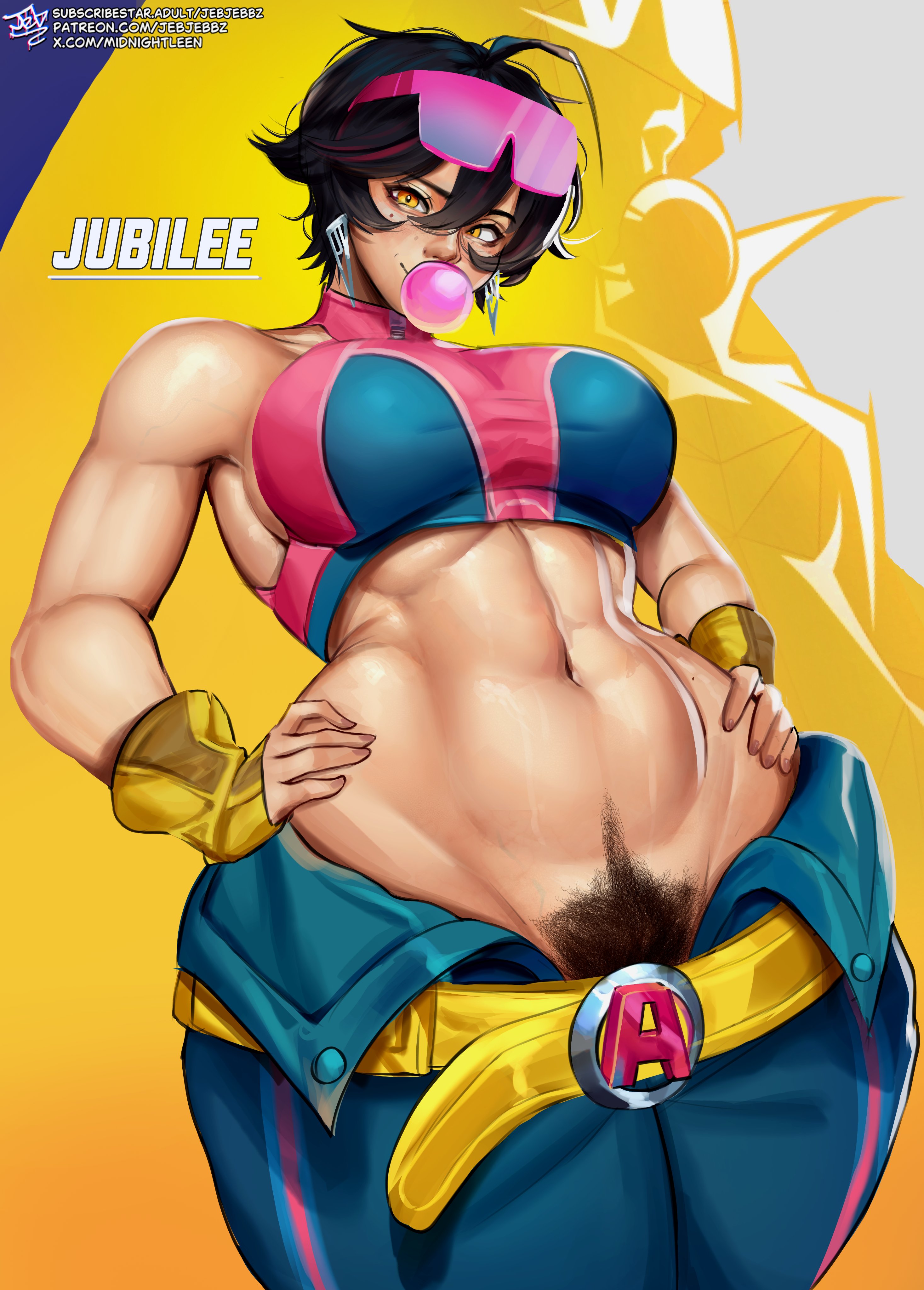 1girls, 2d, abs, athletic, bubble gum, clothed, female, female only, fully clothed, hairy pussy, jebjebbz, jubilation lee, jubilee, jubilee (marvel rivals), marvel, marvel rivals, midnightleen, midriff, muscular, muscular female, pubic hair, pubic hair peek, solo