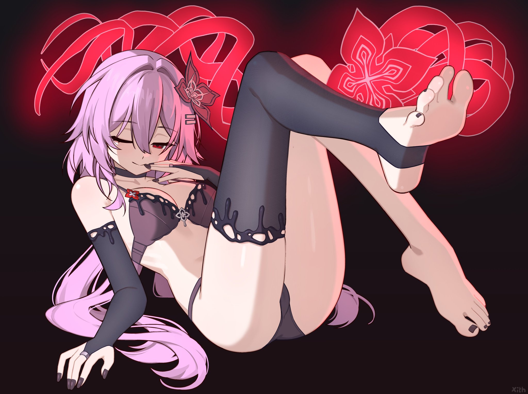 asymmetrical legwear, black nails, black toenails, blush, closed, evernight (honkai: star rail), feet, foot fetish, honkai: star rail, medium breasts, naughty smile, one eye, soles, stirrup legwear, thighs, toes, x xith x