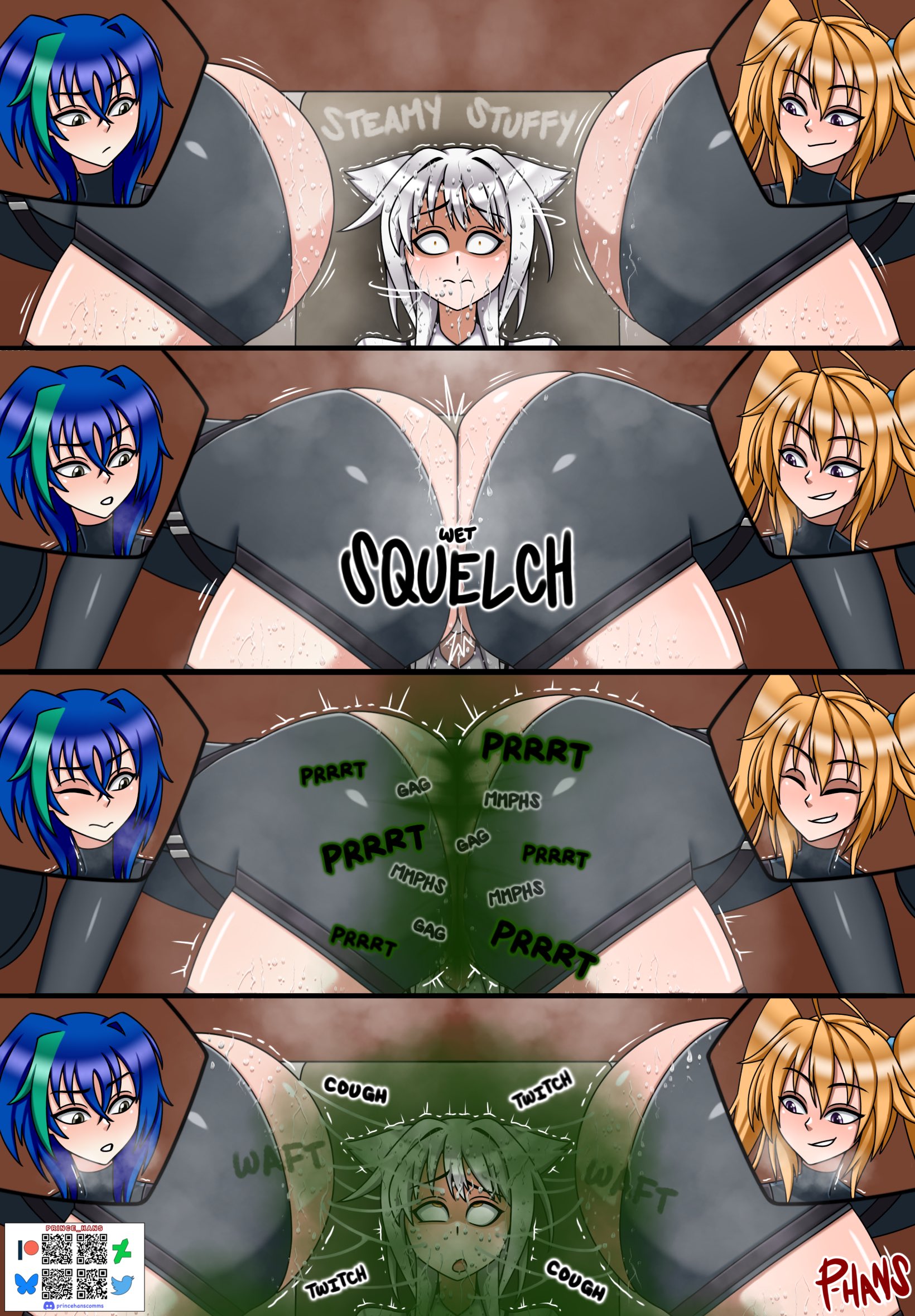 3girls, ass, big ass, blue hair, cat ears, face in butt, facefart, facesitting, fart, fart fetish, high school dxd, koneko toujou, shidou irina, sitting, sitting on chair, white hair, xenovia quarta, yellow hair