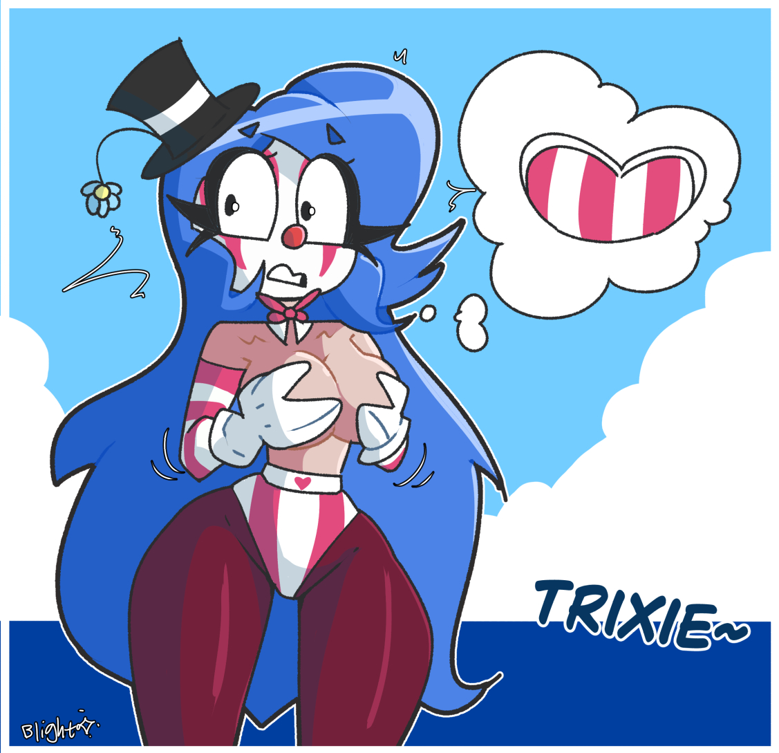 1girls, accidental exposure, blightstar, blue hair, bowtie, clown girl, clown makeup, covering breasts, female, flower, hands on breasts, lost clothes, nelljoestar, nervous, original, pantyhose, solo, stripes, tagme, thought bubble, top hat, topless
