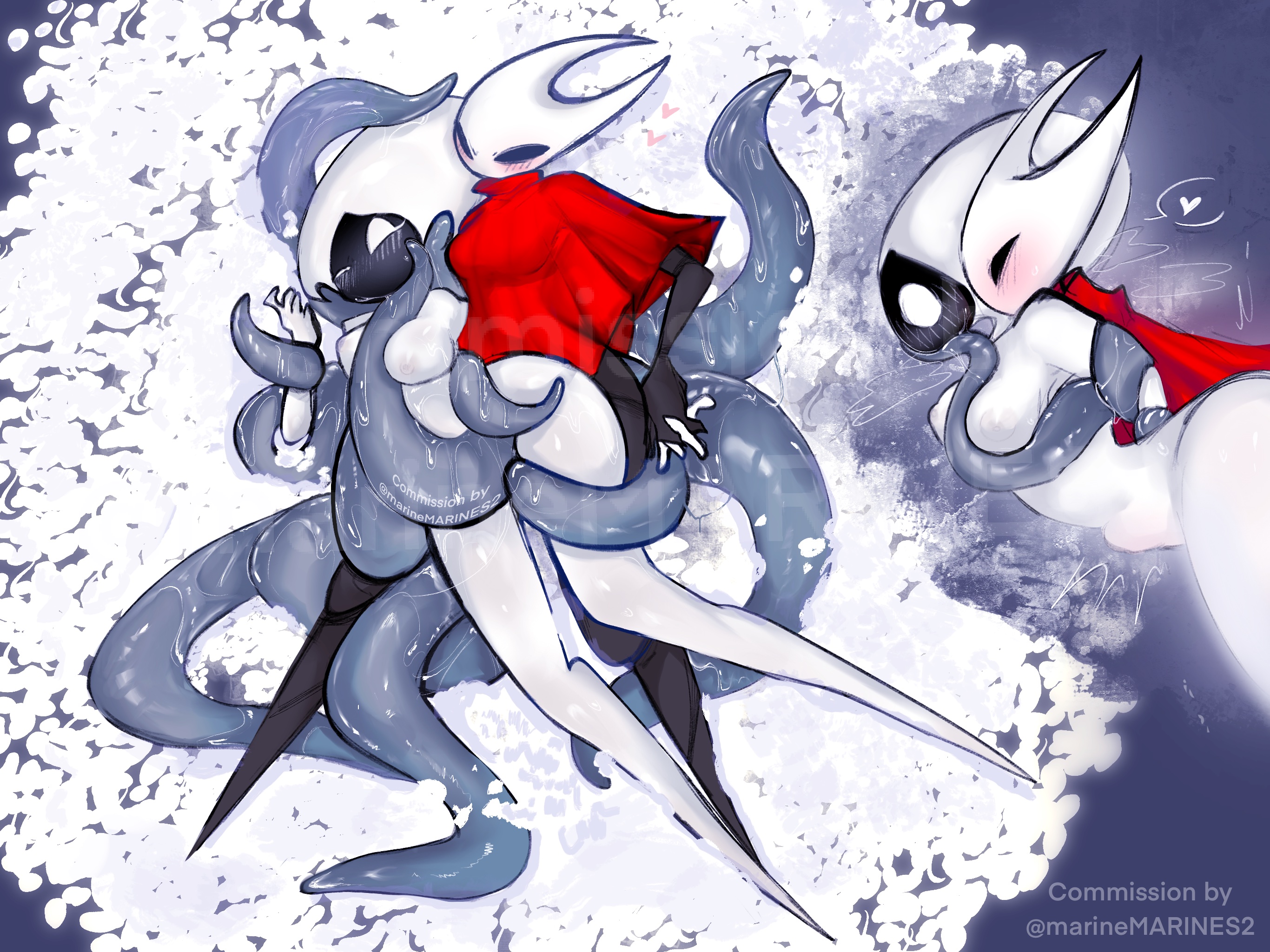 2girls, black body, blush, blush lines, blushing, blushing female, breasts, bug, bug girl, female/female, greyroot, hearts, hollow knight, hollow knight (franchise), hollow knight: silksong, hornet (hollow knight), insect, insect girl, lace (hollow knight: silksong), lace (hollow knight), lesbian sex, pussy, spider, spider girl, stomach bulge, team cherry, tentacle, tentacle penetration, tentacle sex, tentacles, tozamtr, yuri