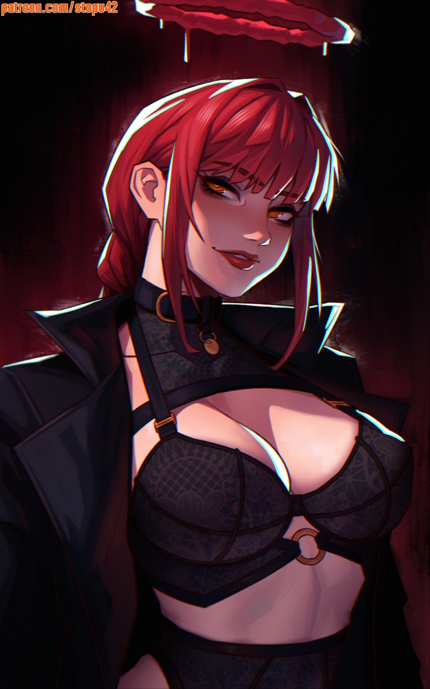 1girl, absurdres, belt, belt collar, big breasts, black background, black belt, black bra, black choker, black eyeshadow, black jacket, black lingerie, black pantyhose, blush, bra, braid, braided ponytail, breasts, chainsaw man, choker, cleavage, coat, coat on shoulders, collar, collared jacket, commentary, covered collarbone, demon, demon girl, dominant female, english commentary, eyelashes, eyeshadow, female, female focus, female only, half-closed eyes, halo, halterneck, high-waist pantyhose, highres, huge breasts, inner sideboob, jacket, lace, lace trim, lace-trimmed bra, lace-trimmed pantyhose, large breasts, light smile, lingerie, lips, lipstick, long hair, long sleeves, looking at viewer, makeup, makima (chainsaw man), midriff, mommy, nose, open clothes, open jacket, orange eyes, pantyhose, parted lips, patreon username, ponytail, red background, red hair, red halo, red lips, redhead, ringed eyes, sideboob, sidelighting, sidelocks, smile, solo, stopu, suit coat, underwear, upper body, yellow eyes