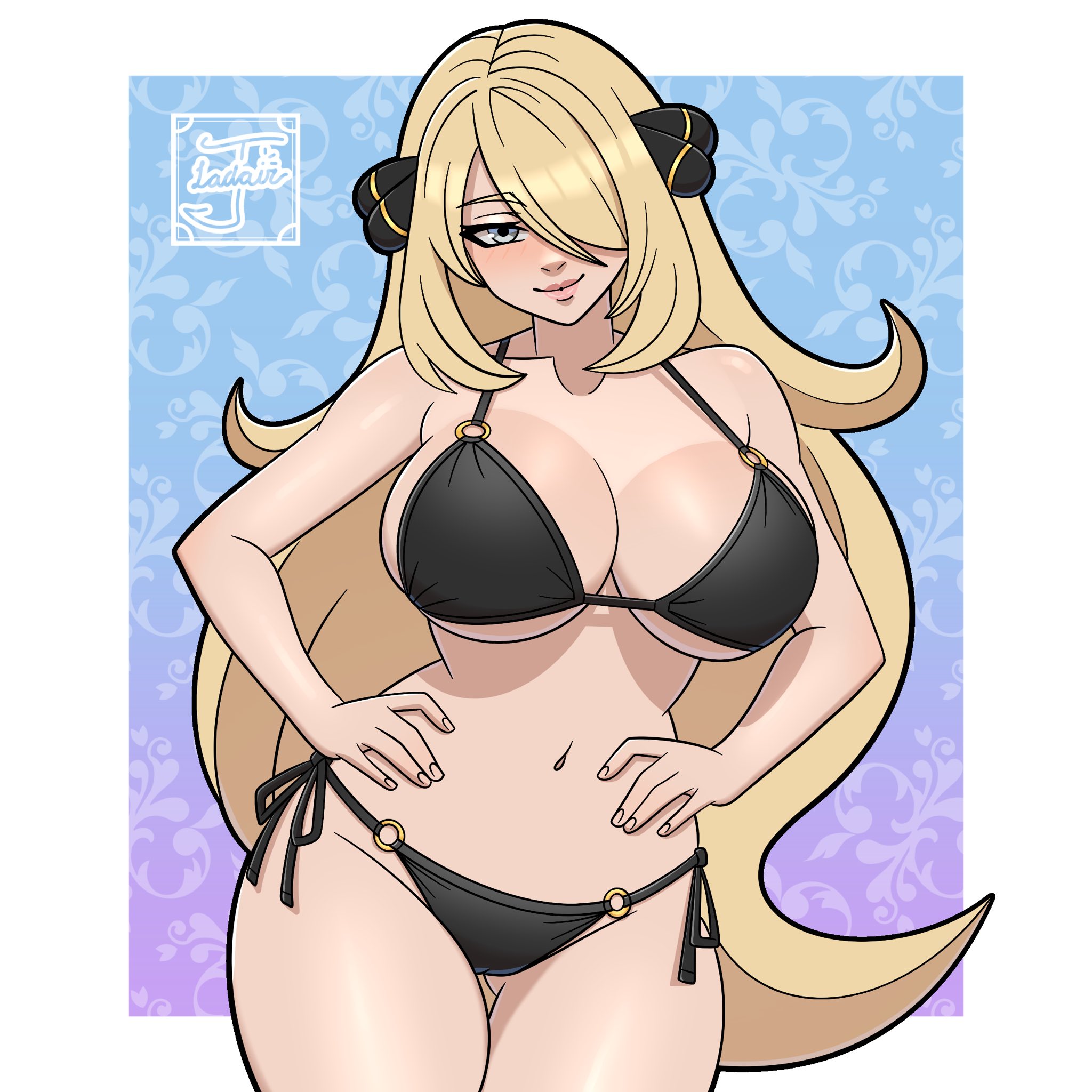 1girls, ass visible through thighs, belly, belly button, big boobs, big breasts, big tits, bikini, blonde female, blonde hair, blush, blushing, boobs, breasts, busty, cynthia (pokemon), female, female focus, female only, grey eyes, hair ornament, hands on hips, jayladair, large boobs, large breasts, large tits, long hair, midriff, navel, pale skin, pale-skinned female, pokemon, pokemon dppt, seductive look, seductive smile, silver eyes, stomach, thigh gap, thong, thong bikini, tits, titties, tummy, two-piece swimsuit