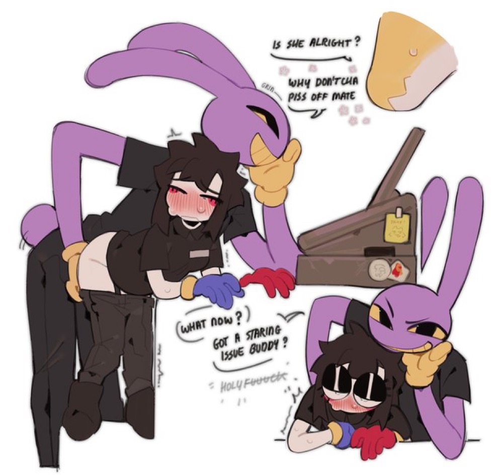 bent over, blushing, cucked by lesbian, dialogue, fingering, gummigoo (the amazing digital circus), jax (the amazing digital circus), lesbian, pomni (the amazing digital circus), public, text bubble, the amazing digital circus, yolky sin