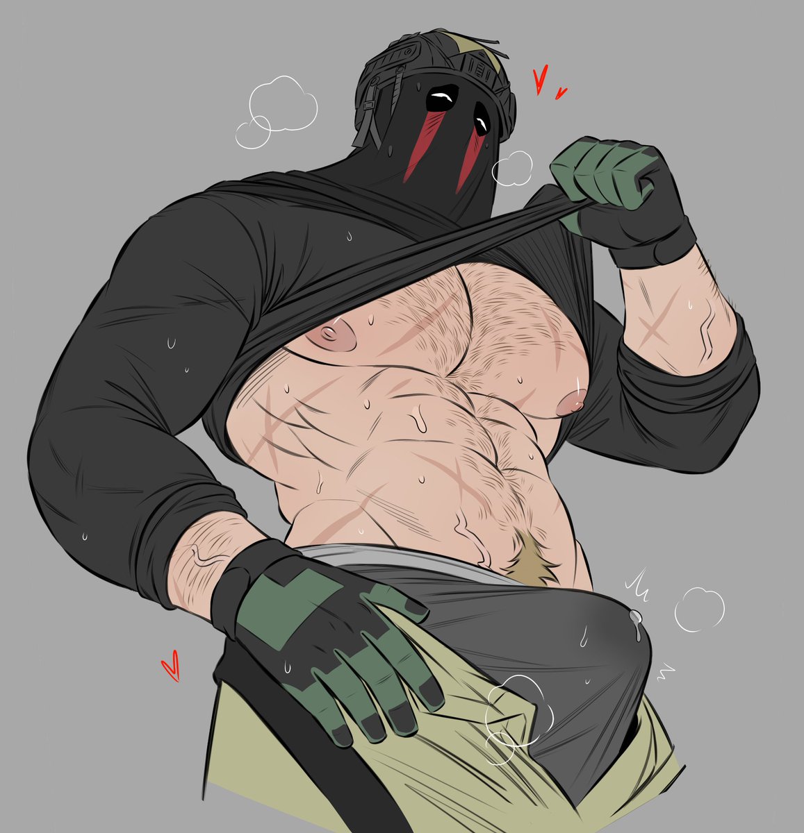 1boy, belt, belt unbuckled, body hair, boxer briefs, boxers, boxers (clothing), breath, bulge, bulge through clothing, call of duty, chest hair, digital media (artwork), gay, gay male, gloves, hearts, hearts around head, helmet, hi res, konig, lifting own clothes, lifting shirt, male, male only, mask, masked, masked male, mostly clothed, muscular, muscular male, pants, pants undone, precum, precum drip, precum through clothing, pubic hair, scar, scars, scars all over, simple background, solo, sweat, sweaty, sweaty body, tight clothing, tight underwear, underwear, underwear bulge, wdp66281167, yaoi, zipper, zipper down