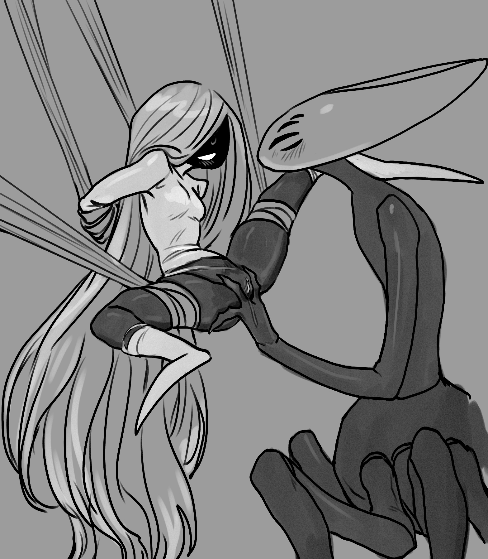 2girls, black body, blush, blush lines, blushing, blushing female, boopie (artist), bug, bug girl, female/female, hollow knight, hollow knight (franchise), hollow knight: silksong, hornet (hollow knight), insect, insect girl, lace (hollow knight: silksong), lace (hollow knight), lesbian sex, pussy, size difference, spider, spider girl, spread legs, spread pussy, spreading, spreading pussy, team cherry, tied up, yuri