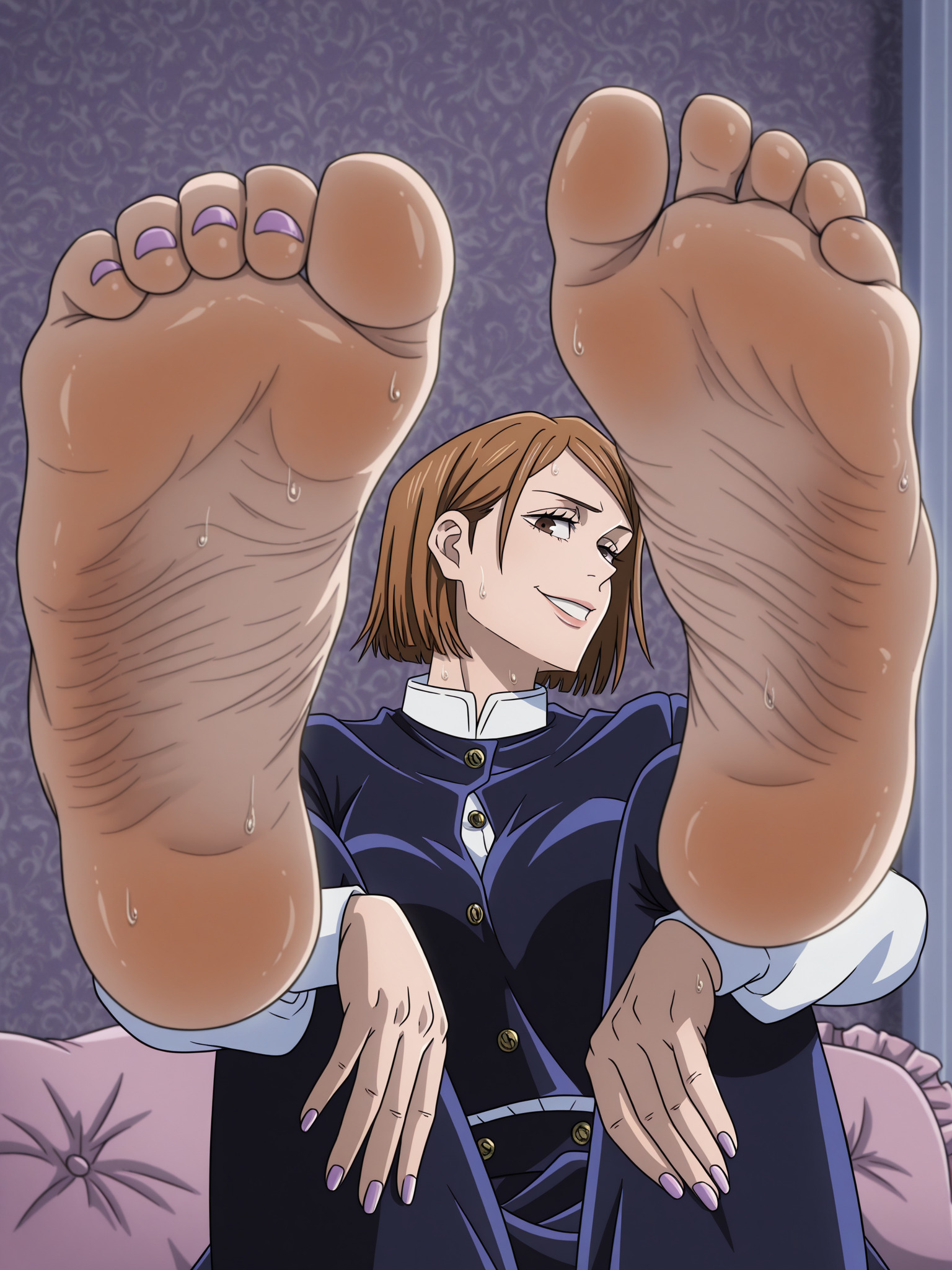 1girl, ai generated, bob cut, brown hair, ca1nhurst, feet, foot fetish, foot focus, jujutsu kaisen, kugisaki nobara, legs up, looking at viewer, nail polish, nervous, nobara kugisaki, presenting feet, school uniform, short hair, sitting, smile, soles, soles female, sweat, sweatdrop, sweaty feet, toenail polish, toes, toes scrunch