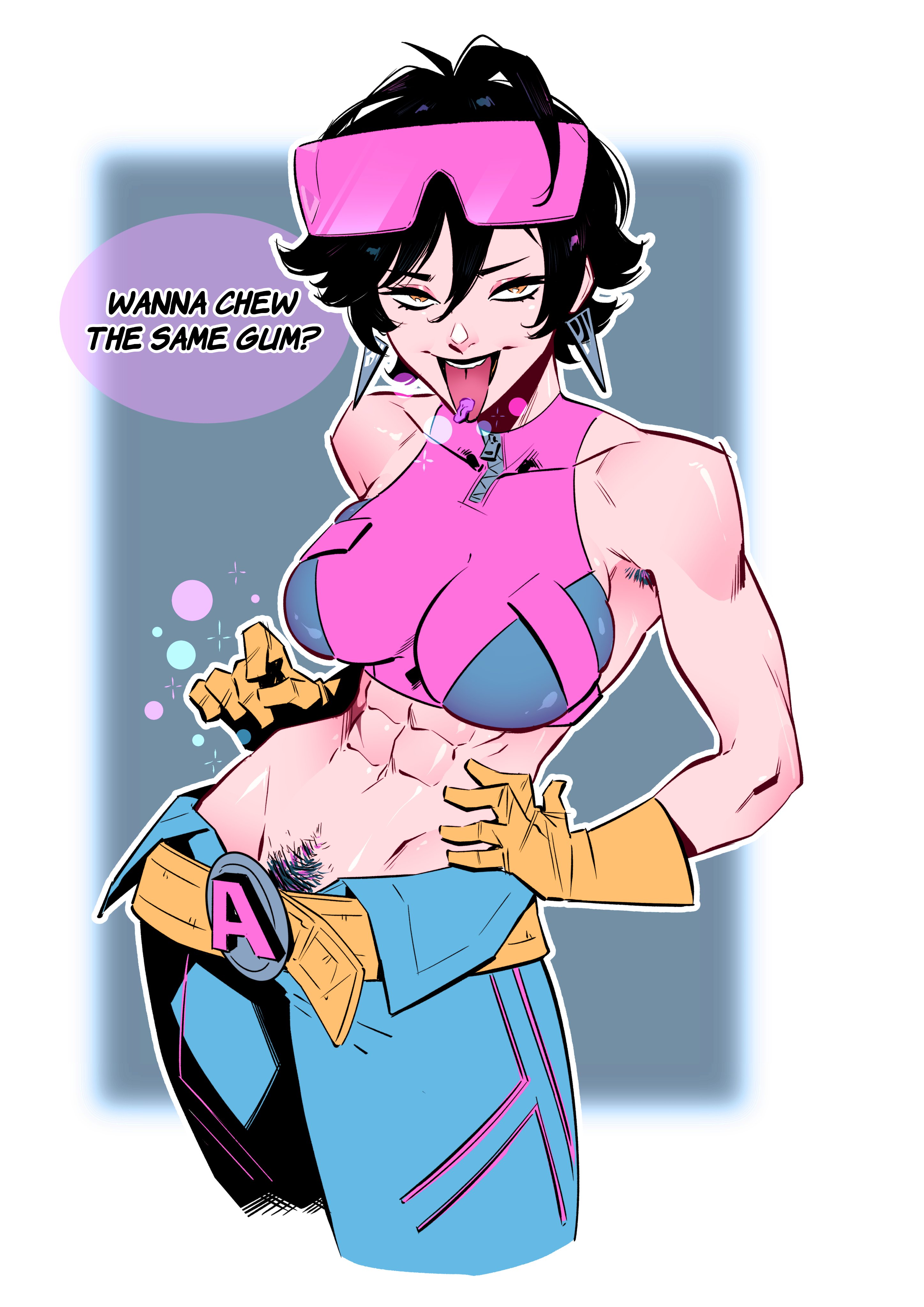 1girls, 2d, abs, big breasts, clothed, female, female only, fully clothed, hairy pussy, jubilation lee, jubilee, jubilee (marvel rivals), marvel, marvel rivals, midriff, pandarojoart, pubic hair, pubic hair peek, solo
