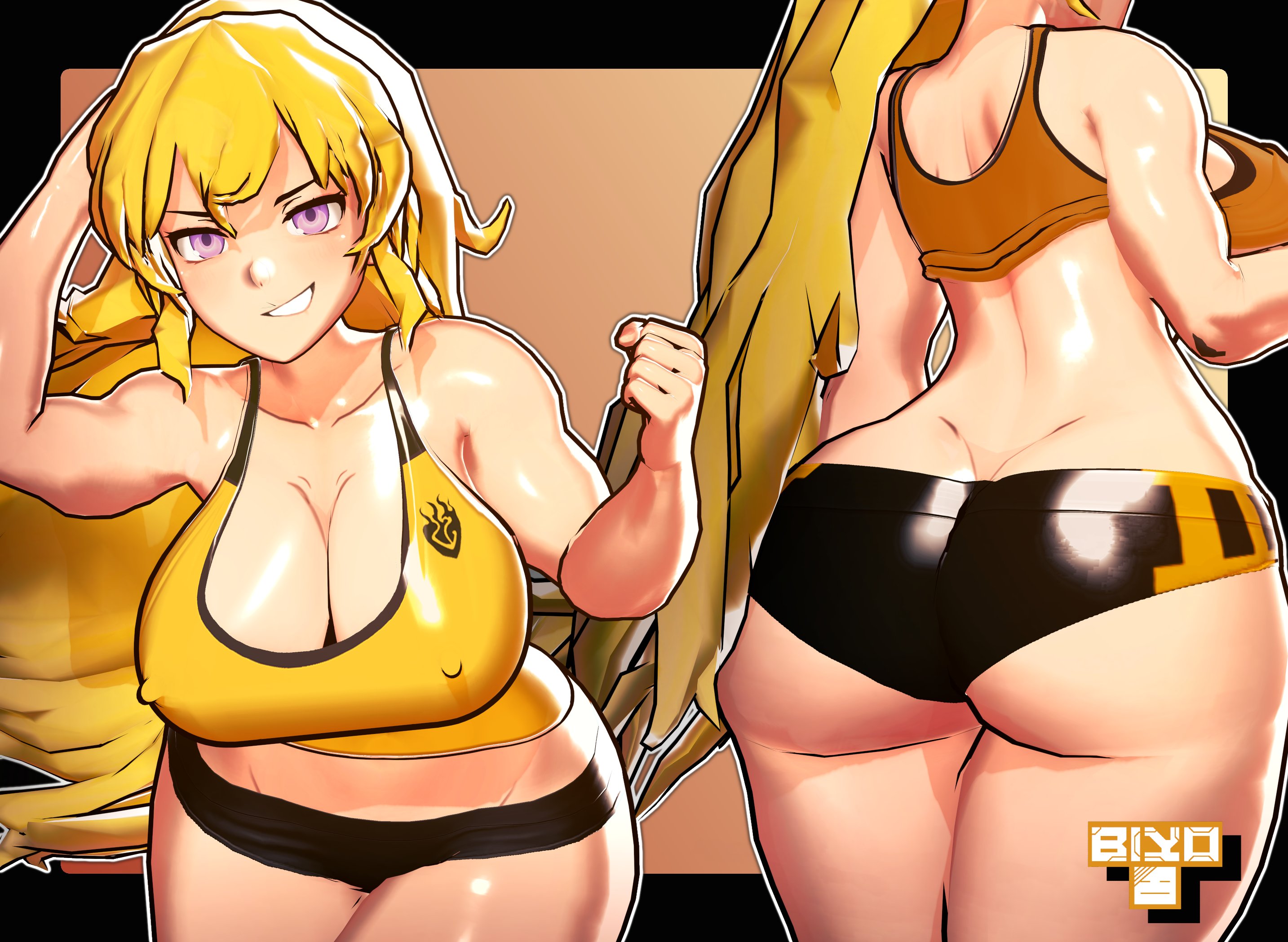 1girls, ass, ass focus, big ass, big breasts, biyo, blonde female, blonde hair, busty, clothed female, covered nipples, fat ass, gym clothes, gym shorts, large breasts, long hair, long hair female, midriff, purple eyes, rwby, sexy, smile, solo female, tank top, yang xiao long