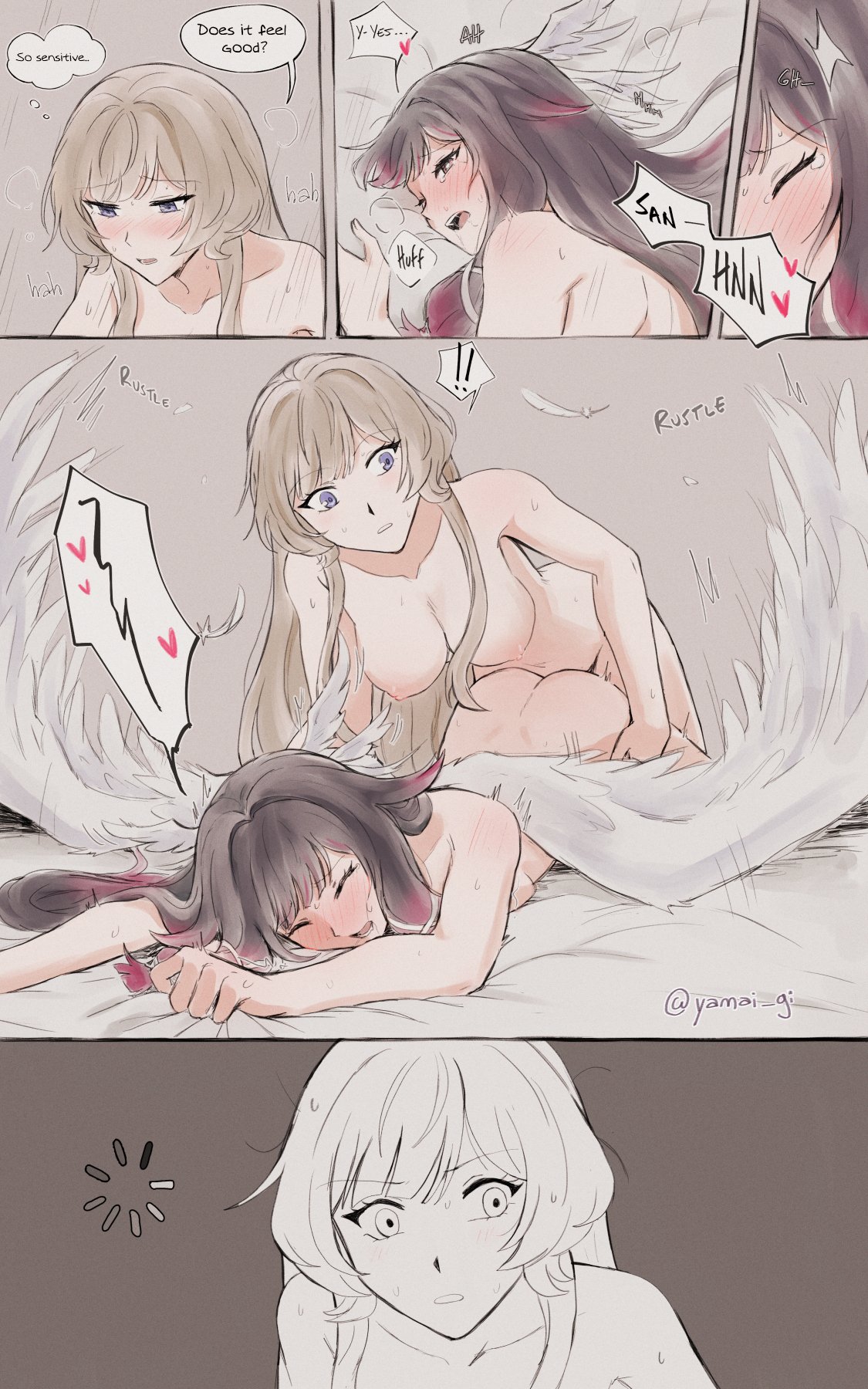 angel wings, bed, bedroom, bedroom sex, blush, blushing, boobs, boobs out, breasts, breasts out, cock, columbina (genshin impact), confused, dick, dickgirl, dress, female, female focus, female penetrated, fucked, fucked from behind, futa on female, futanari, genshin impact, naked, naked female, nude, nude female, penis, sandrone (genshin impact), shocked, shocked expression, skirt, tits, tits out, vaginal, vaginal penetration, vaginal sex, wings, yamai gi, yuri