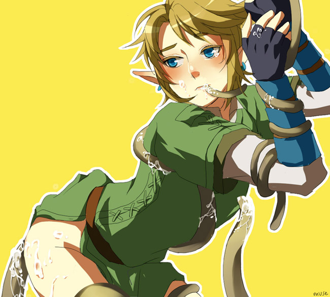 1boy anal arched_back ass blonde_hair blue_eyes blush bottomless cum cum_on_ass cum_on_body cum_on_face cum_on_lower_body earrings facial femboy fingerless_gloves forced_yaoi gay girly gloves green_shirt hair jewelry link link_(twilight_princess) male male_only male_rape_victim muse_(rainforest) nintendo oral pointy_ears rape simple_background straight_hair tentacle tentacle_on_male tentacle_rape the_legend_of_zelda tunic twilight_princess yaoi yellow_background