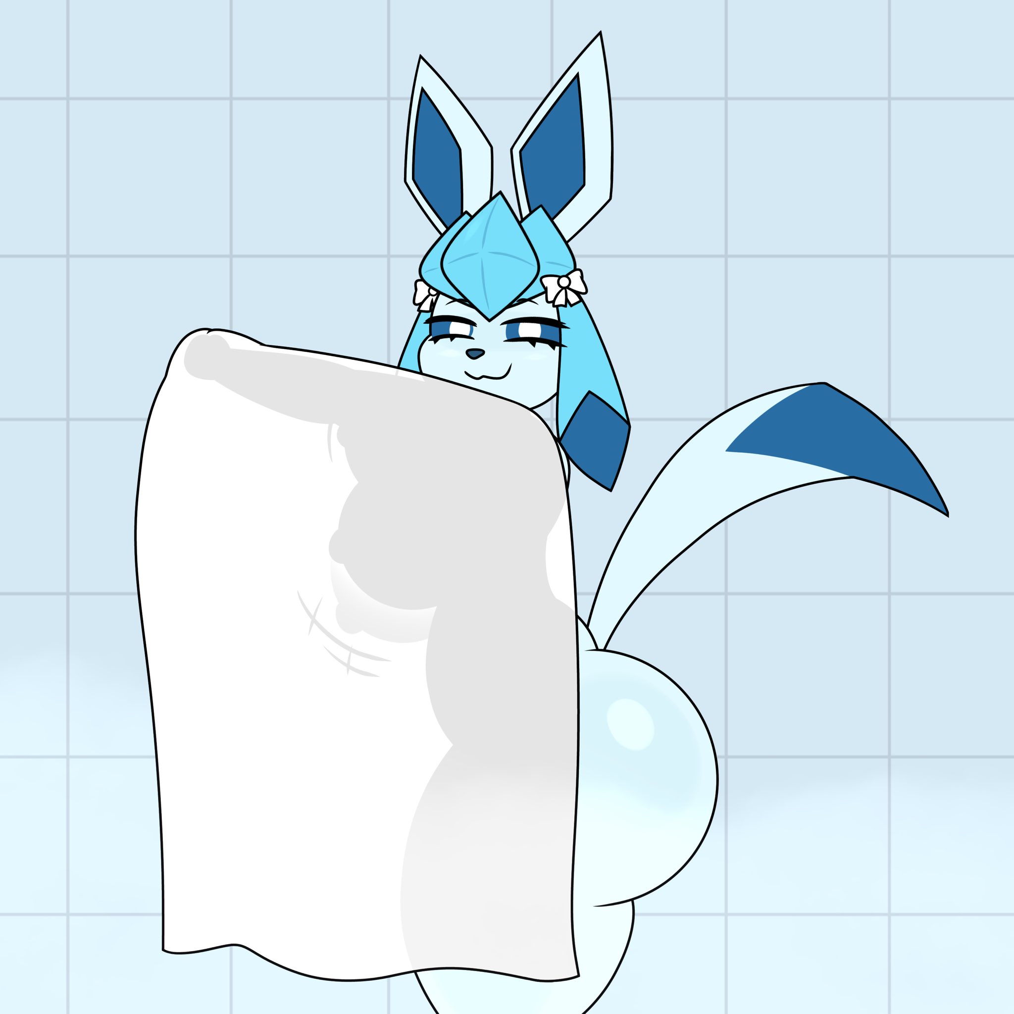 1girl, 1girls, 2026, 2d, 2d (artwork), anthro, anthro female, anthro only, ass, bathroom, bathroom background, big ass, big boobs, big booty, big breasts, big butt, blue body, blue eyes, blue skin, boobs, booty, bow, bowtie, breasts, butt, cute, digital drawing (artwork), digital media (artwork), ear bow, eeveelution, eyebrows, eyelashes, female, female focus, female only, furry, furry female, furry only, game freak, generation 4 pokemon, glaceon, half-closed eyes, hi res, highres, hot, huge ass, ice type, looking at viewer, nintendo, nipples, nipples visible through towel, pokemon, pokemon (species), scorbooty (artist), sexy, shaking boobs, shaking breasts, silhouette, silhouetted body, simple background, solo, solo female, solo focus, tail, towel, towel covering breasts, towel only, towel over breasts, wholesome