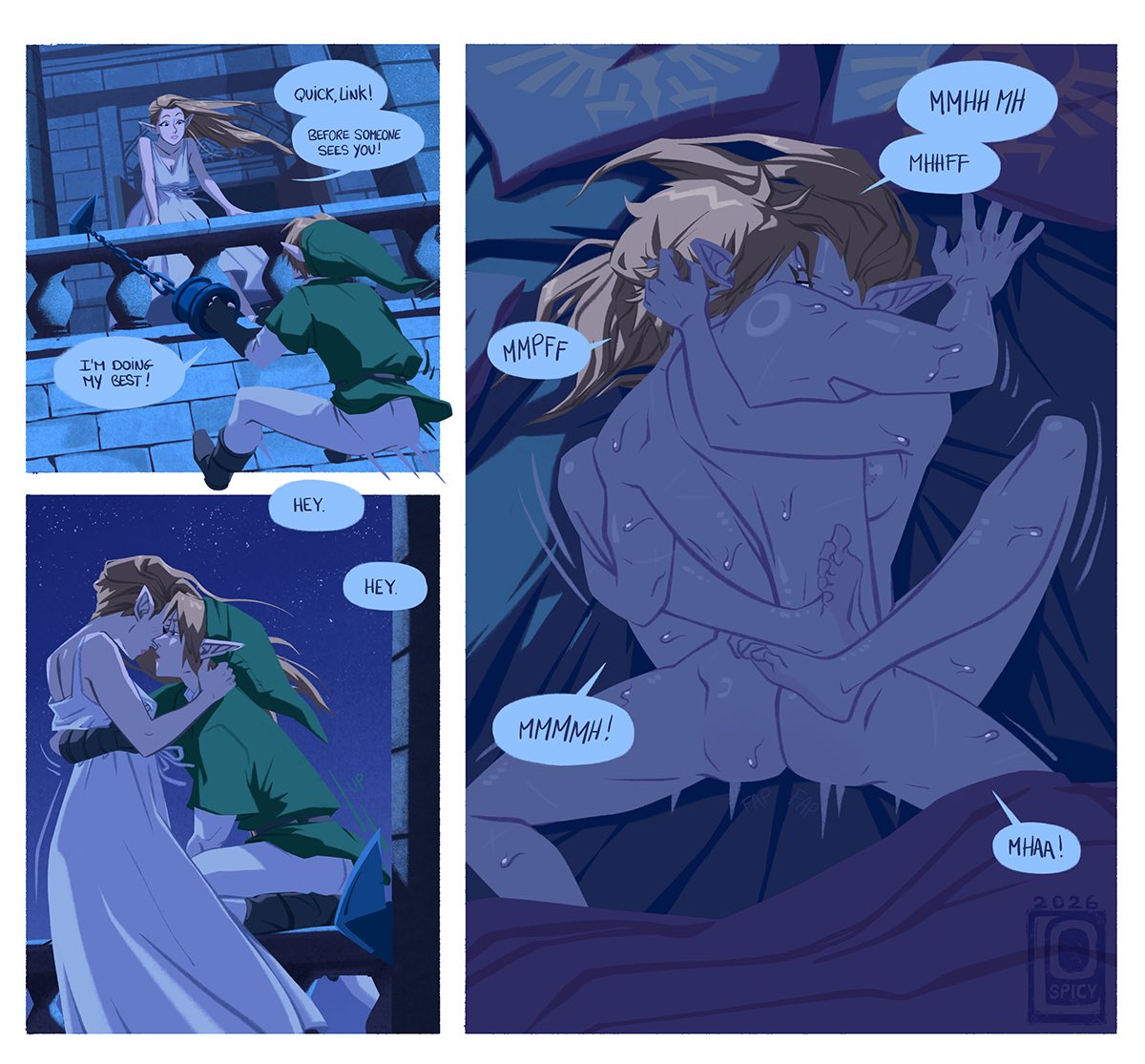 1boy 1boy1girl 1girl 2026 2d 2d_(artwork) artist_logo barefoot bed blonde-haired_female blonde-haired_male blonde_female blonde_hair breasts climbing color colored comic_page dialogue english_text feet hand_on_hair high_resolution highres holding_leg legs_around_partner legs_spread link link_(ocarina_of_time) long_ears lophilia_spicy missionary_position missionary_sex motion_lines naked naked_female naked_footwear night night_sky nightgown nintendo nipples nude nude_female nude_male ocarina_of_time penetration pointy_ears princess_zelda romantic romantic_sex secret_sex sex sweat sweating text text_bubble the_legend_of_zelda tits zelda_(ocarina_of_time)