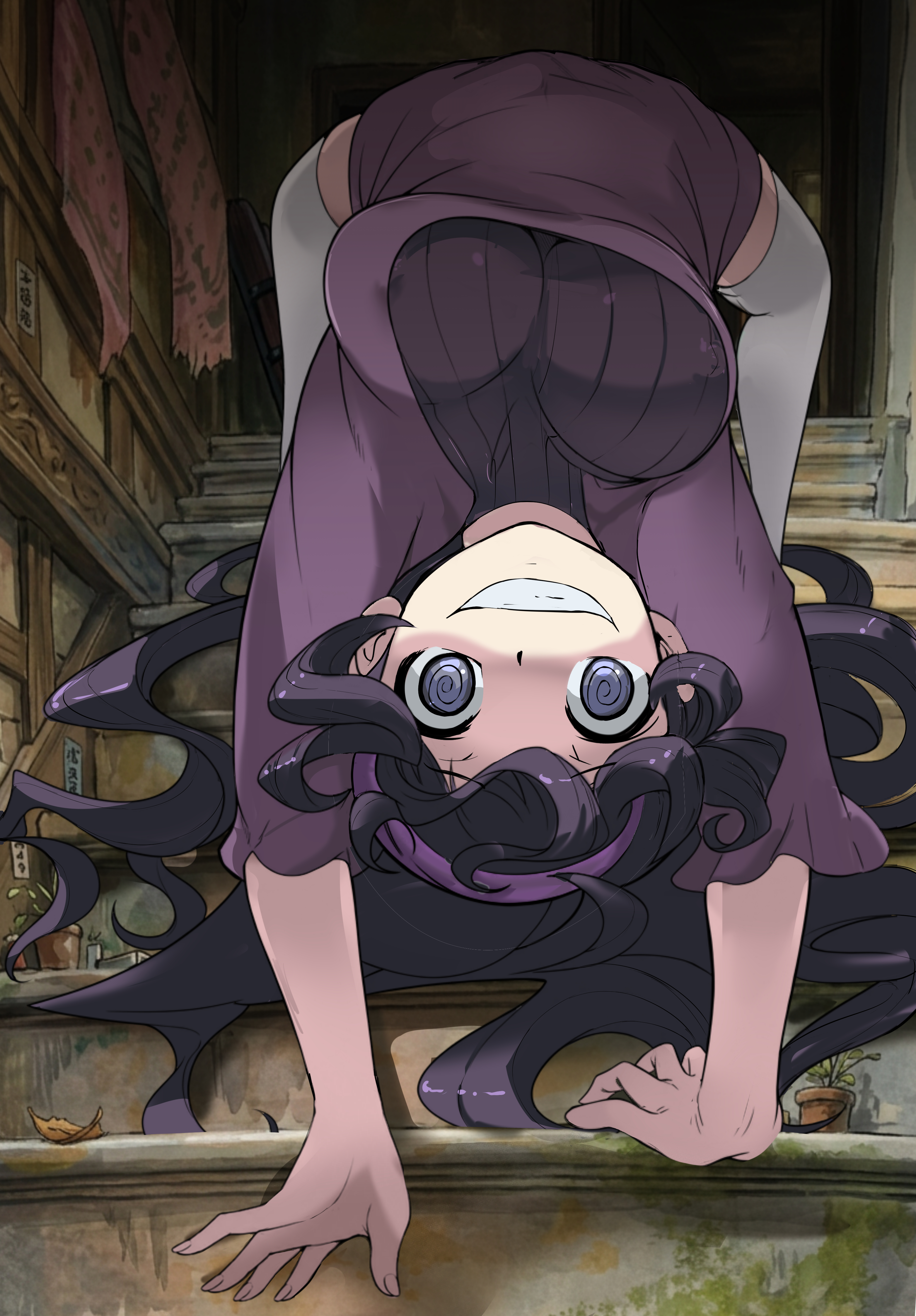 1girls, 2d, 2d (artwork), all fours, breasts, erect nipples under clothes, female, female only, hex maniac, hex maniac (pokemon xy), hips, horror, large breasts, looking at viewer, makoto daikichi, nintendo, pokemon, pokemon xy, questionable, stairs, the exorcist, thighhighs, wide hips