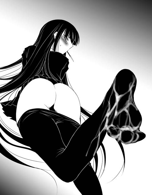 amano_issui ass blush cum cum_on_body cum_on_feet cum_on_lower_body feet female_protagonist_(houkago_play) from_behind houkago_play long_hair looking_back lying monochrome mouth_hold on_stomach pantyhose pantyhose_pull pocky pov_feet solo very_long_hair