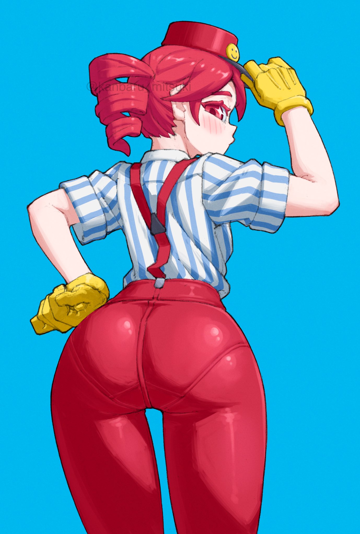 1girls 2d 2d_(artwork) arched_back ass ass_focus back back_view big_ass blouse blue_background blush blush_lines blushing blushing_female clothed clothed_female clothing eyelashes female female_only fully_clothed gloves hand_on_hip hat high-waist_pants high_waisted_pants hips_wider_than_shoulders kanbaru_mitsuki kasane_teto kasane_teto_(sv) large_ass looking_at_viewer looking_back lowres mesmerizer_(vocaloid) mesmerizer_teto mv_character pants pantylines petite petite_body petite_female presenting presenting_ass red_eyelashes red_eyes red_hair shiny_ass shiny_clothes shirt simple_background skinny skinny_female slim_girl slim_waist solo solo_female sparkling_eyes sticking_ass_out striped_shirt suspenders synthesizer_v thigh_gap thighs tight_clothing tight_pants tipping_hat twin_drills utau wide_hips