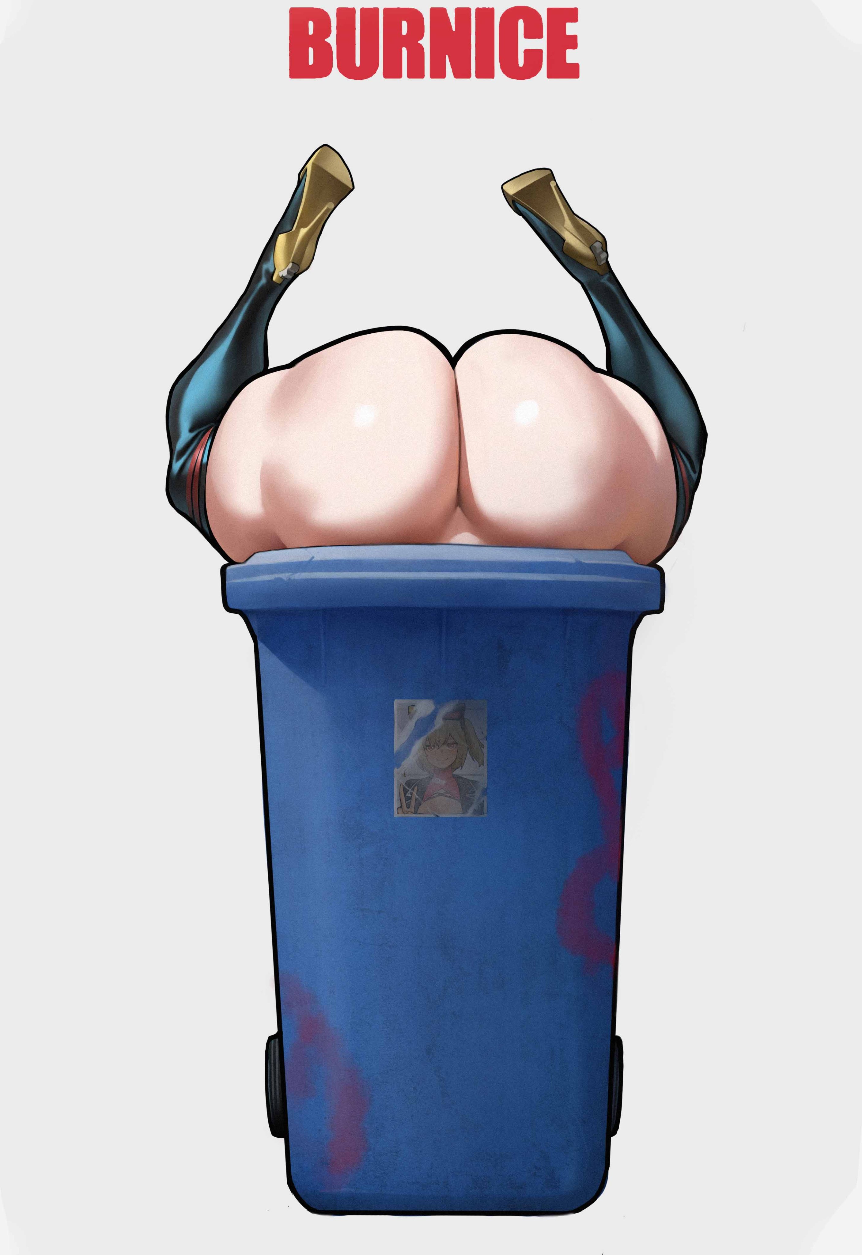 1girls, ass, ass focus, big ass, blonde hair, bottomless, burnice white, discarded, female, goggles, heels, hoyoverse, humiliation, in trash can, jacket, large ass, legs apart, legs spread, legs up, light skin, light-skinned female, no underwear, picture, red text, shiny skin, simple background, spiralnoww, stiletto heels, thighhighs, thrown away, trash can, upside-down, white background, zenless zone zero