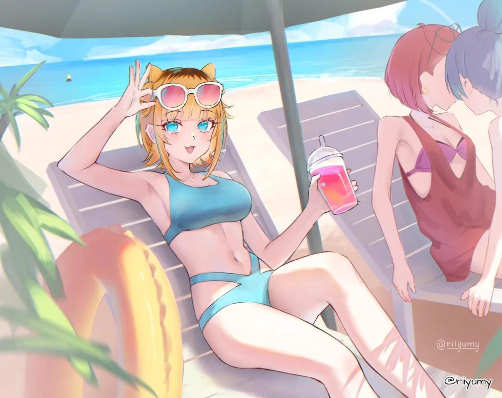2d, 2d (artwork), 2d artwork, 3girls, actor, actress, adult, adult female, anime, anime character, aqua eyes, aqua-eyed female, arima kana, armpit, armpit crease, armpit peek, armpits, asian, asian female, asian girl, asian woman, bare armpits, bare arms, bare belly, bare calves, bare hands, bare hips, bare knees, bare legs, bare midriff, bare navel, bare shoulders, bare skin, bare thighs, beach, beach background, beach setting, belly, belly button, big boobs, big breasts, bikini, bikini bottom, bikini only, bikini top, black hair, black-haired female, blonde, blonde female, blonde hair, blonde-haired female, blue bikini, blue bikini bottom, blue bikini top, blue eyebrows, blue eyes, blue hair, blue sky background, blue swimsuit, blue swimwear, blue-eyed female, blue-haired female, blunt bangs, bob cut, breasts, busty, busty female, busty girl, calves, collarbone, day, daylight, daytime, digital, digital art, digital drawing, digital drawing (artwork), digital media, digital media (artwork), doga kobo, drawing, dyed hair, dyed-hair, elbows, exposed armpits, exposed arms, exposed belly, exposed chest, exposed hips, exposed legs, exposed midriff, exposed navel, exposed shoulders, exposed thighs, exposed toes, eyebrows visible through hair, fanart, female, female focus, female only, female protagonist, fingers, groin, hair bun, hairless armpits, halterneck, high school student, horn, horns, inverted bob, japanese, japanese female, japanese girl, japanese woman, knees, kurokawa akane, landscape, large boobs, large breasts, lean figure, legs, long hair, looking at viewer, mature, mature female, mature woman, memcho, midriff, multicolored hair, multiple females, multiple girls, narrow waist, navel, ocean background, open mouth, open mouth smile, oshi no ko, outdoor, outdoor background, outdoors, outside, parted lips, presenting armpit, red eyes, red hair, red-eyed female, red-haired female, riiyumy, school girl, sea, sea background, seaside, shaved armpits, short hair, shoulders, shueisha, sidelocks, sitting, sky background, slender body, slender waist, slim female, slim waist, smile, smiley face, smiling, smiling at viewer, summer setting, sunglasses, sunglasses on forehead, sunglasses on head, swimsuit, swimwear, teen girl, teenage girl, teenager, thighs, tied hair, tongue, wide hips, woman, yellow eyebrows, yellow hair, yellow-haired female, young female, young jump, young woman, youtuber, youtuber girl