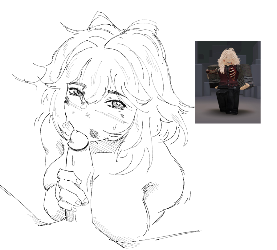 1boy, 1girls, blowjob, breasts, female focus, ghostbacon, looking at viewer, nude, penis, reference image, roblox, roblox avatar, robloxian, self upload, sketch, tagme