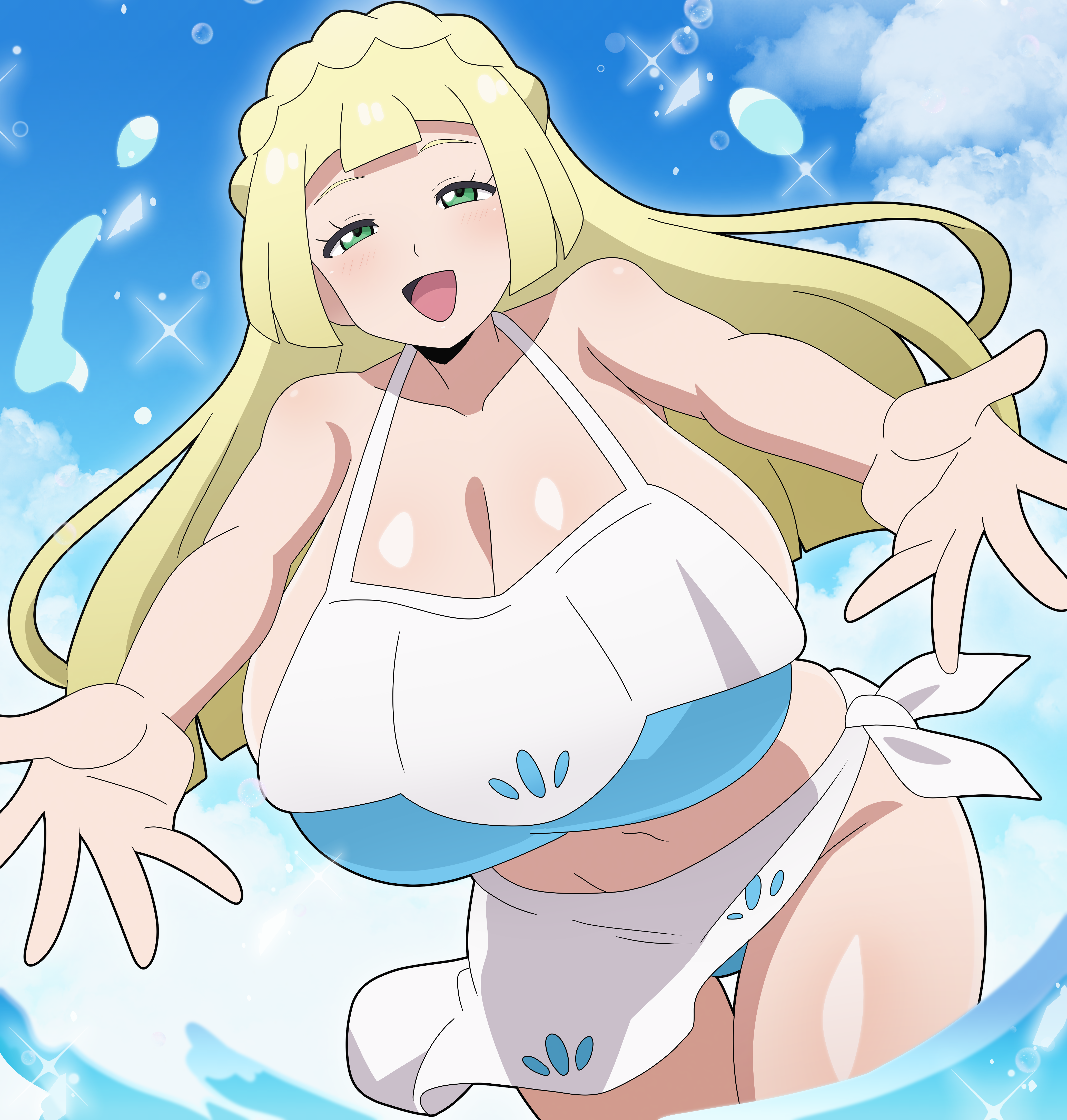 2026, big breasts, blonde hair, cleavage, green eyes, hitokiwa kenchin, huge breasts, lillie (pokemon), looking at viewer, pokemon, pokemon sm, swimsuit, tagme