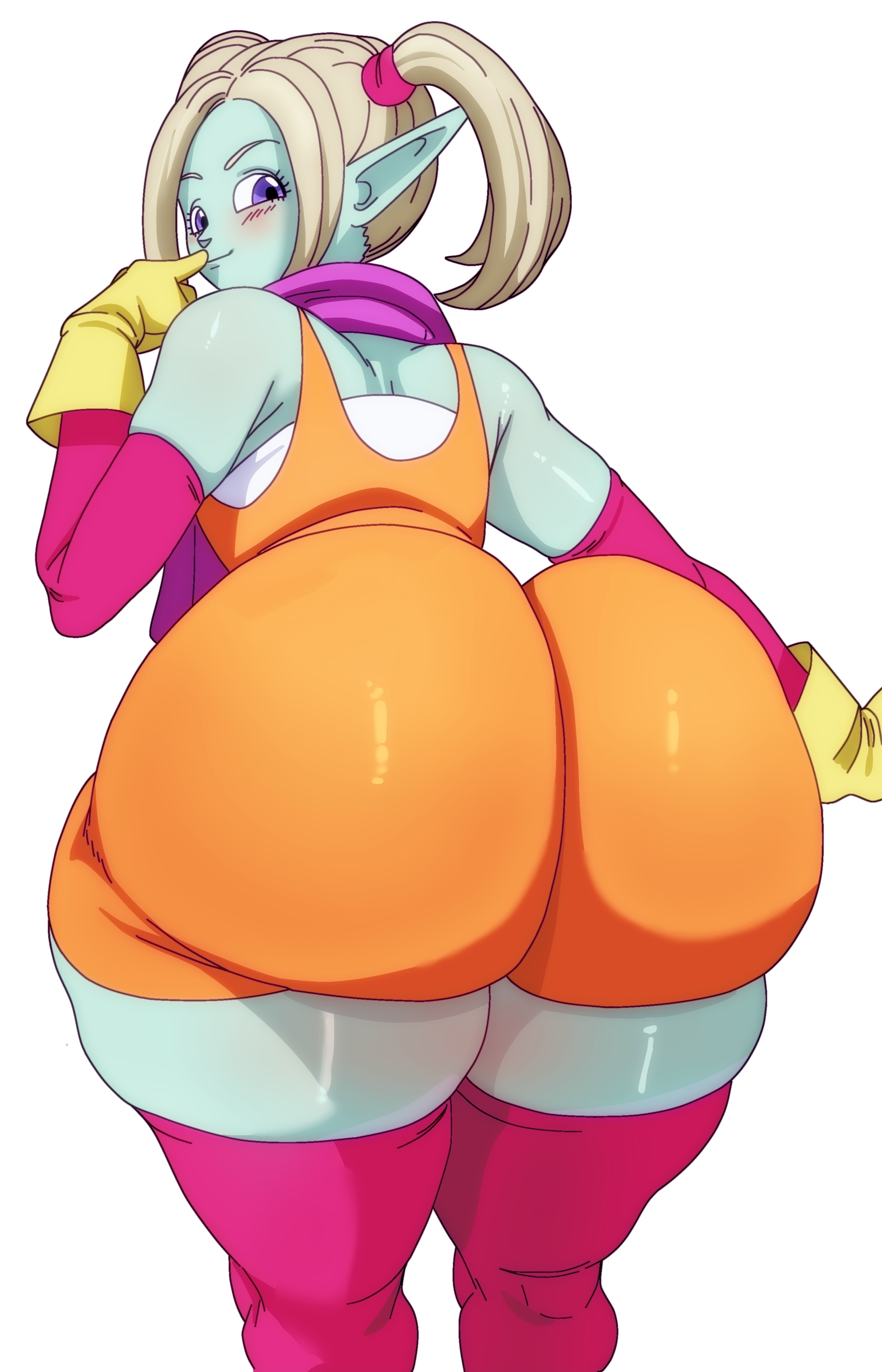 1girls, ass, ass bigger than head, ass focus, back, back view, big ass, blush, dragon ball, dragon ball daima, dumptruck ass, dumptruck butt, fat ass, huge ass, looking back, mageta32, marsedit, panzy (dragon ball daima), pointy ears, purple eyes