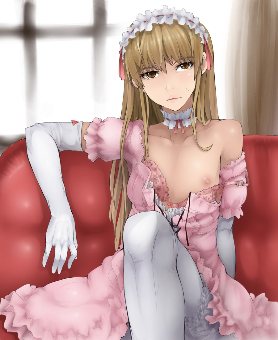 1boy, abubu, areola, blonde hair, bra, brown eyes, collarbone, copyright request, crossdressing, crossdressing male, dress, elbow gloves, emotionless, eyebrows visible through hair, femboy, gloves, lingerie, looking at viewer, male, male only, nipple, off shoulder, pantyhose, solo, solo male, thighhighs, underwear, white elbow gloves, white legwear