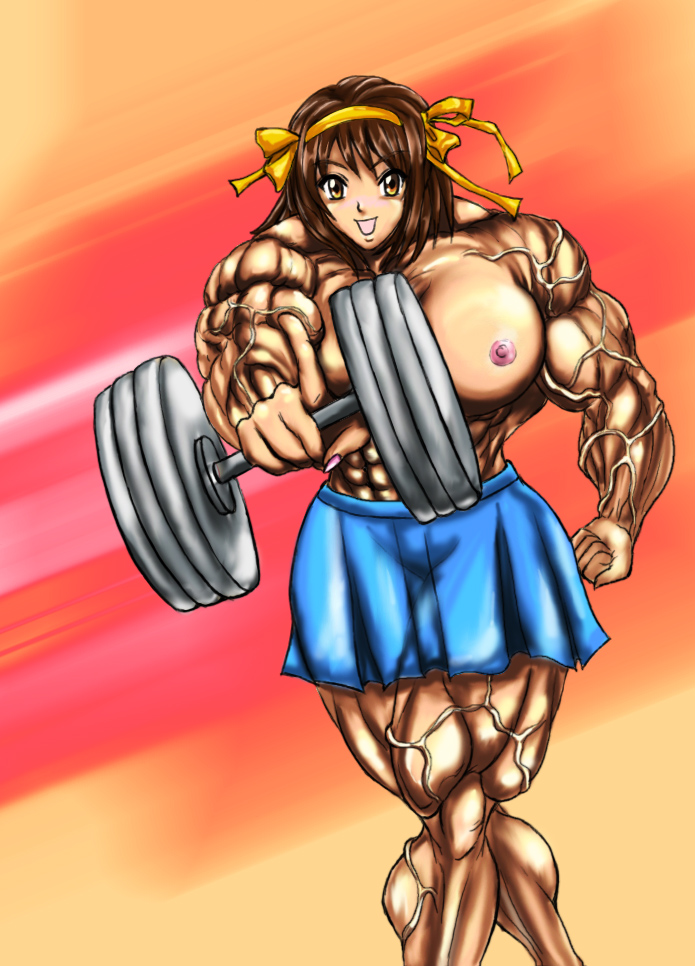 abs barbell breasts dumbbell extreme_muscles female muscle muscles muscular muscular_female no_bra skirt suzumiya_haruhi suzumiya_haruhi_no_yuuutsu topless veins weight weightlifting weights workout