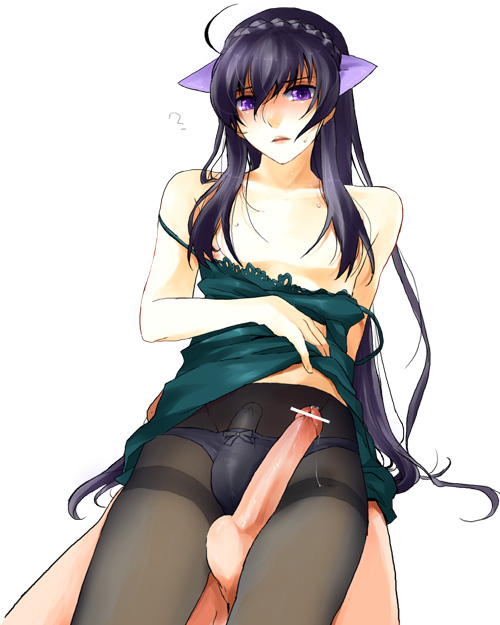 ?, 2boys, androgynous, animal ears, balls, balls in panties, balls in pantyhose, black hair, blush, bulge, canon crossdressing, cat ears, censored, clothed, clothed male nude male, clothed on nude, crossdressing, erection, femboy, from behind, girly, large penis, long hair, male, moyashimon, nude, pantyhose, penis, penis in pantyhose, penis size difference, precum, purple eyes, see-through, sheer, small penis, sweatdrop, topless, undressing, yaoi, yuuki kei