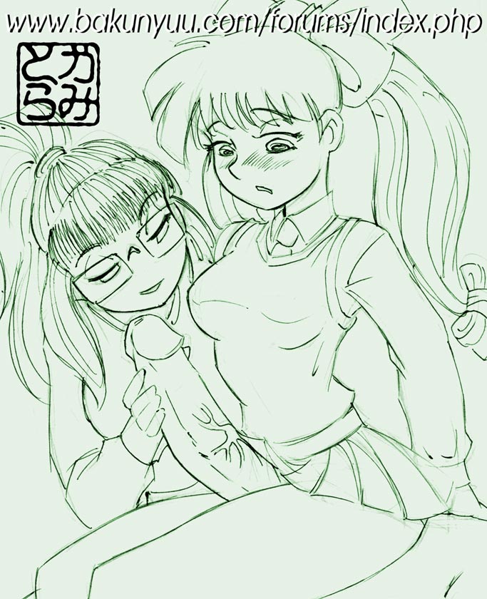 alexandra_(kamitora) bow brown_hair circumcised circumcised_futa circumcision_scar clothing futa_sans_balls futa_with_female futanari glasses green_eyes handjob imminent_oral intersex kamitora monochrome multiple_girls oral penis ponytail rachel_(kamitora) sketch skirt