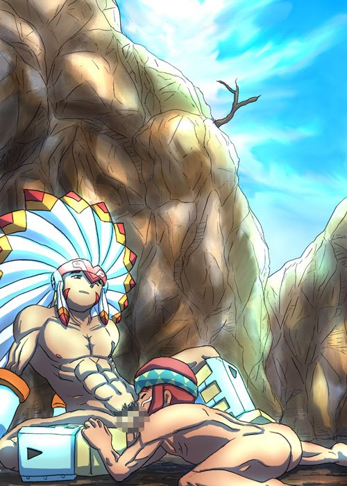 2boys ass censored feathers male mega_man mega_man_battle_network multiple_boys muscle native_american nipples oral oral_sex pubic_hair spread_legs tomahawkman.exe yaoi