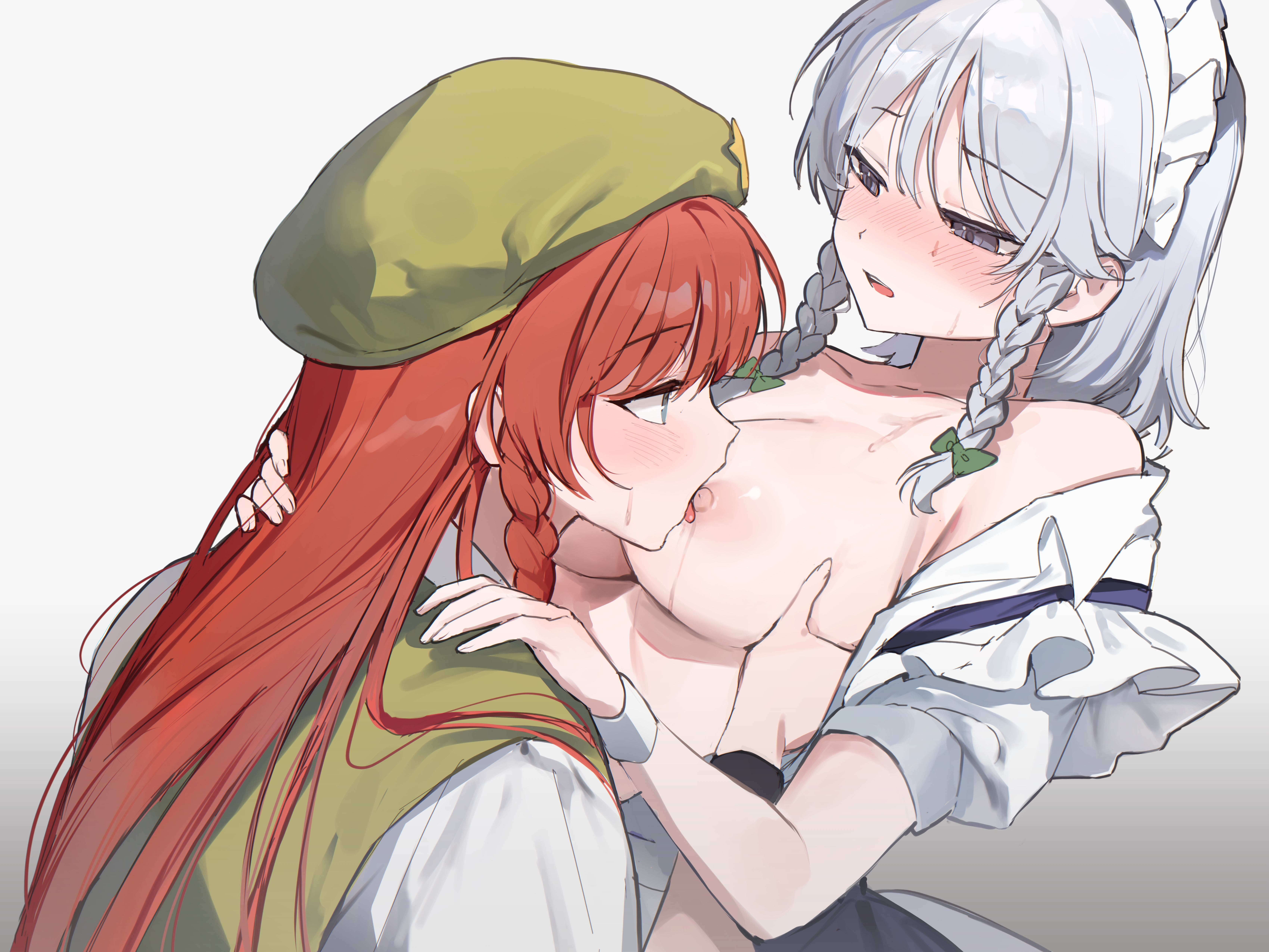2girls, beret, bow, braid, breast sucking, breasts, grabbing another's breast, gradient background, green bow, green hat, green vest, grey background, grey hair, groping, hairbow, hand on another's shoulder, hat, hong meiling, long hair, maid headdress, medium breasts, medium hair, multiple girls, open clothes, open shirt, puffy short sleeves, puffy sleeves, red hair, sakuya izayoi, sarukana, shirt, short sleeves, side braids, touhou, upper body, vest, white background, white shirt, wrist cuffs, yuri